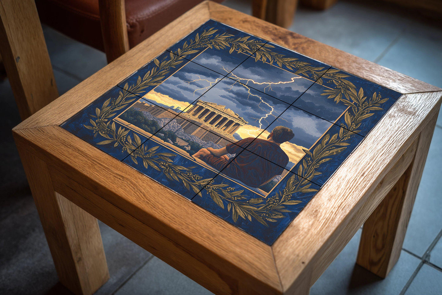 Ceramic mural from the Greek Parthenon: stormy scene from the Acropolis with an olive wreath border, Hellenic heritage mural art, classical mythology of Athens