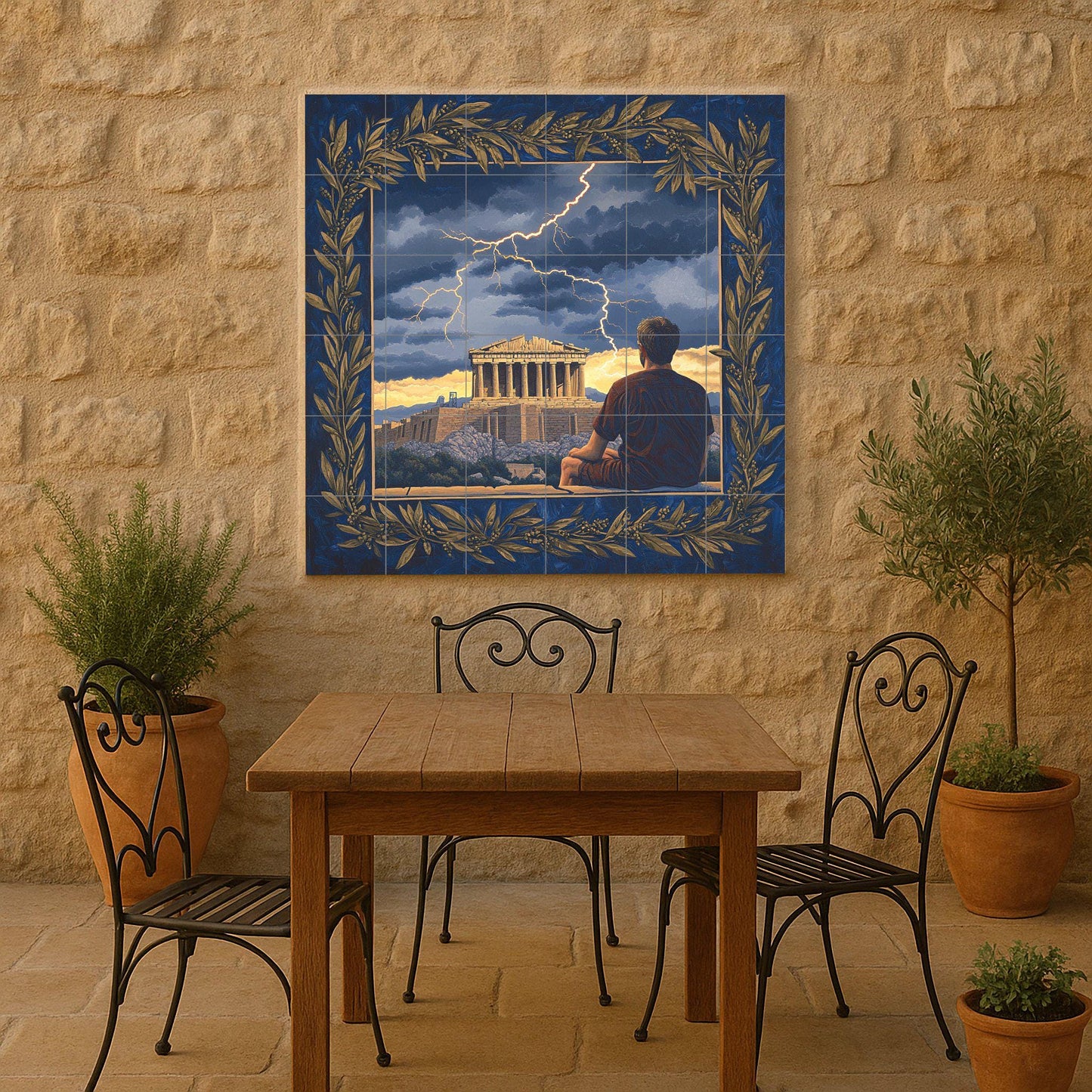 Ceramic mural from the Greek Parthenon: stormy scene from the Acropolis with an olive wreath border, Hellenic heritage mural art, classical mythology of Athens
