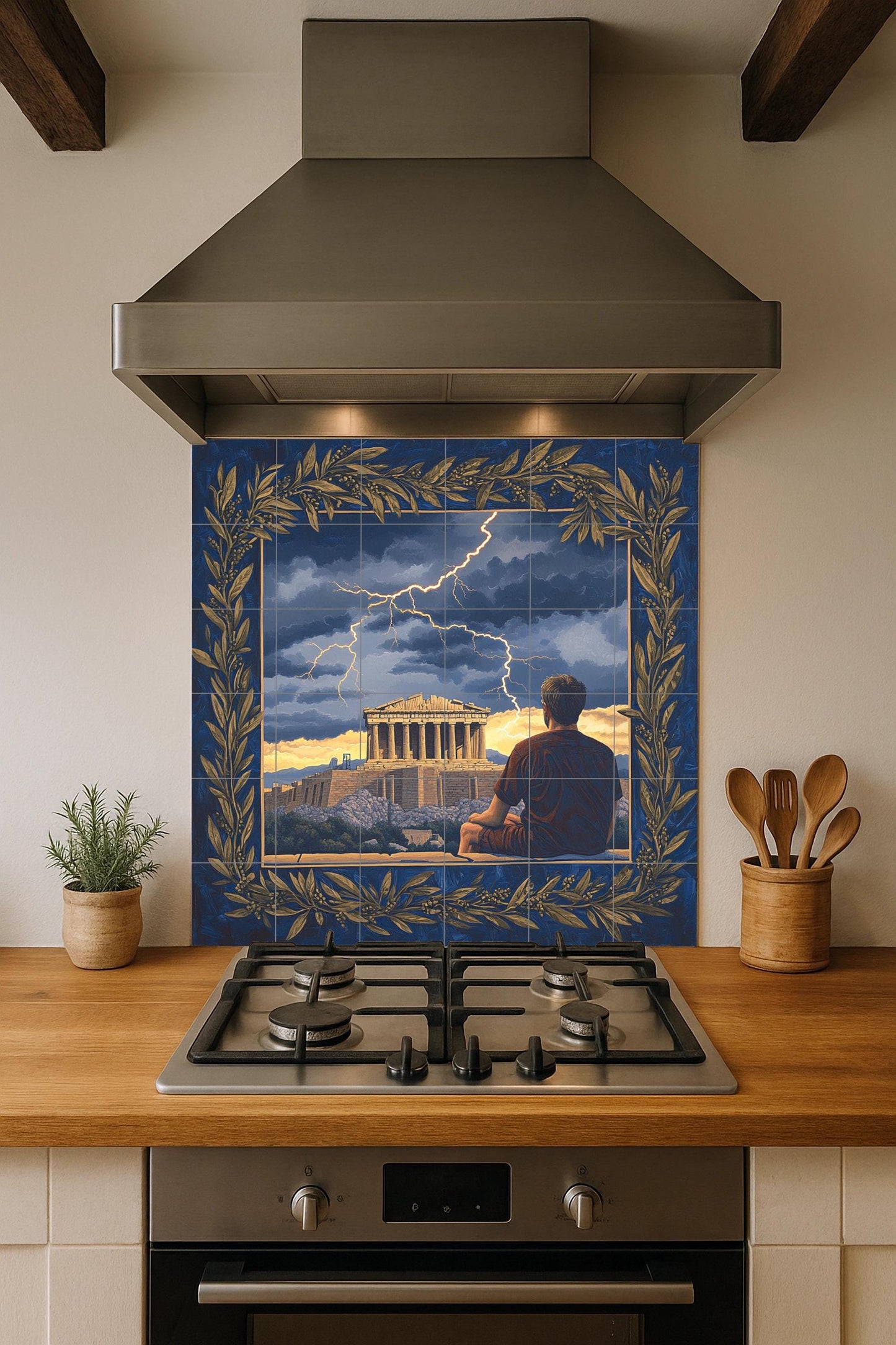 Ceramic mural from the Greek Parthenon: stormy scene from the Acropolis with an olive wreath border, Hellenic heritage mural art, classical mythology of Athens