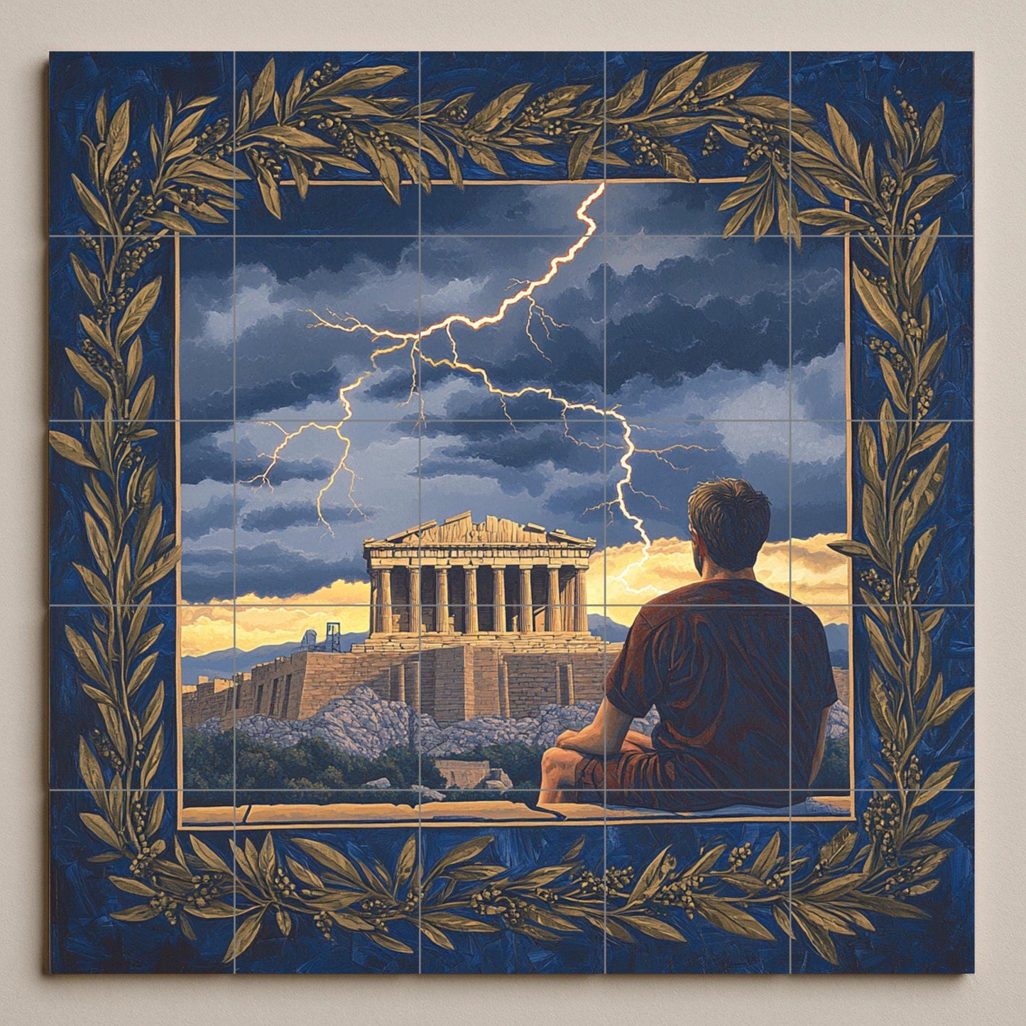 Ceramic mural from the Greek Parthenon: stormy scene from the Acropolis with an olive wreath border, Hellenic heritage mural art, classical mythology of Athens