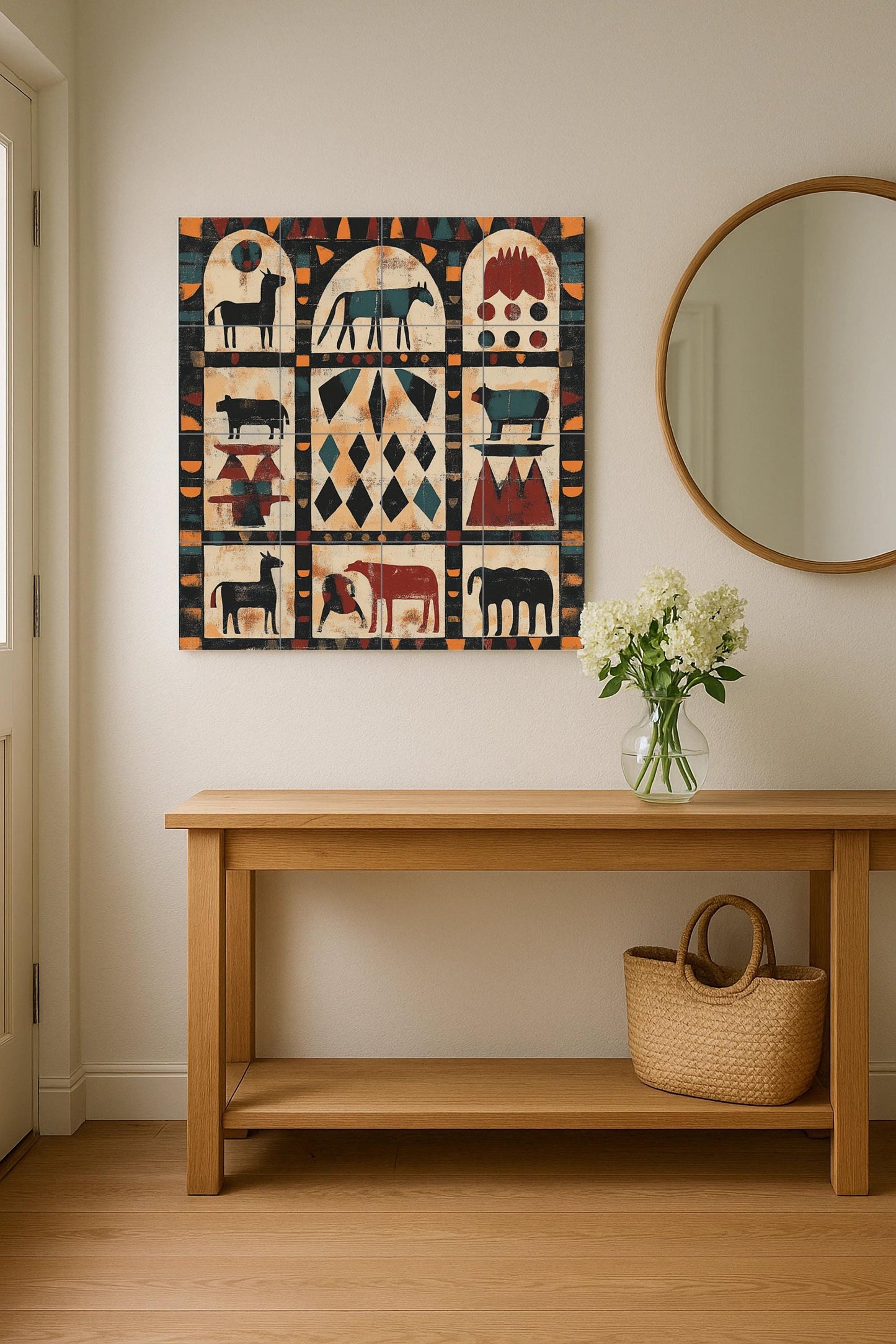 Sudanese Nubian mural: ceramic mural art with geometric animal motifs, tribal arches in earth tones and African heritage panel inspired by adobe.