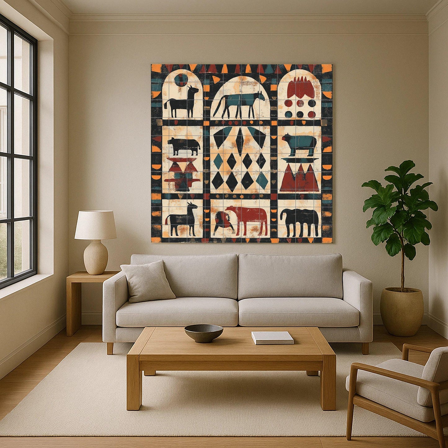 Sudanese Nubian mural: ceramic mural art with geometric animal motifs, tribal arches in earth tones and African heritage panel inspired by adobe.