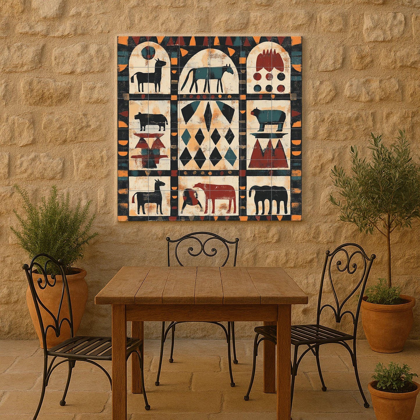 Sudanese Nubian mural: ceramic mural art with geometric animal motifs, tribal arches in earth tones and African heritage panel inspired by adobe.