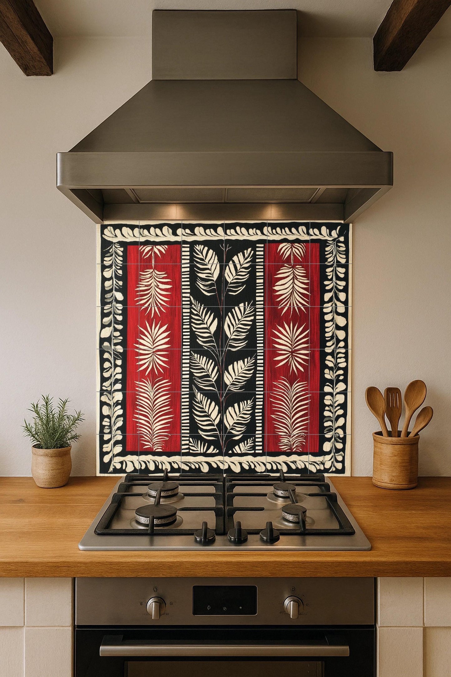 Garnet ceramic textile mural from Suriname: linear motifs in red, black and white with jungle leaves, Afro-Caribbean heritage mural art panel.