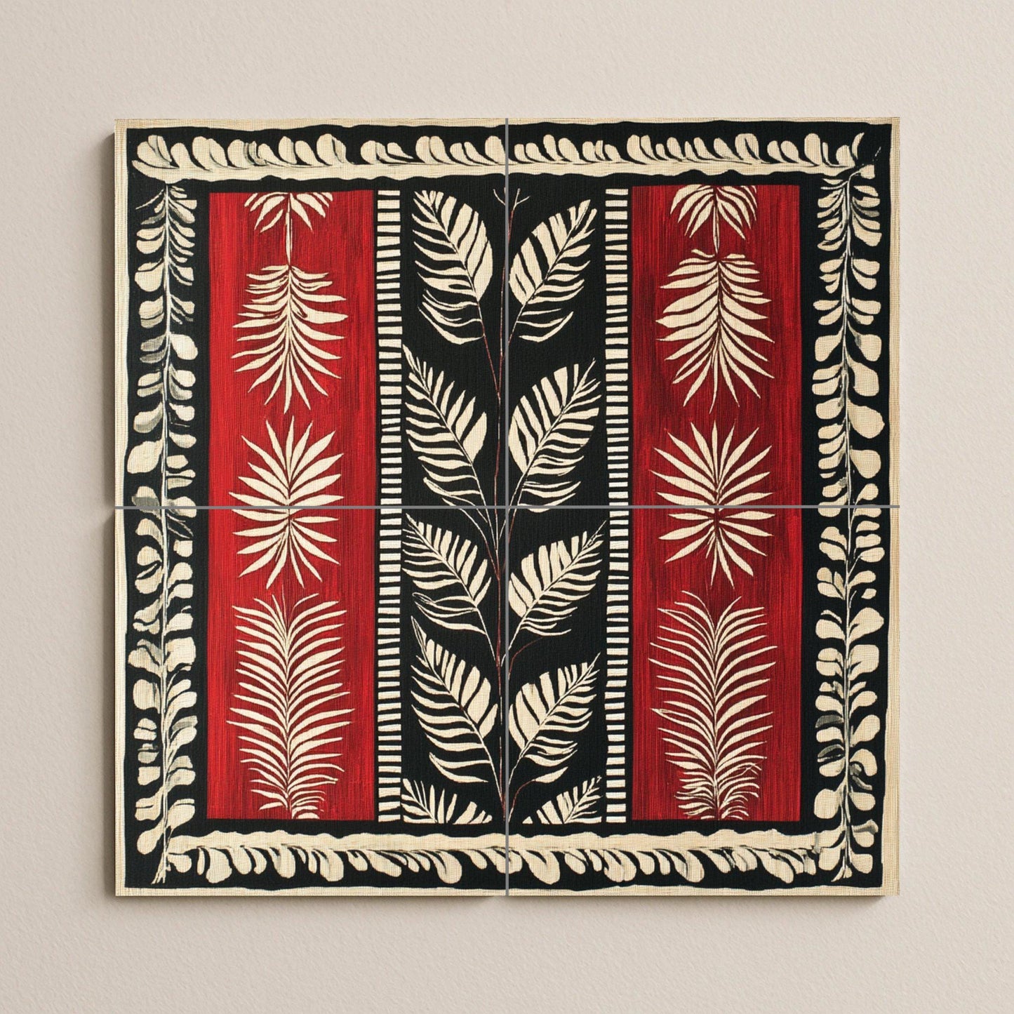 Garnet ceramic textile mural from Suriname: linear motifs in red, black and white with jungle leaves, Afro-Caribbean heritage mural art panel.