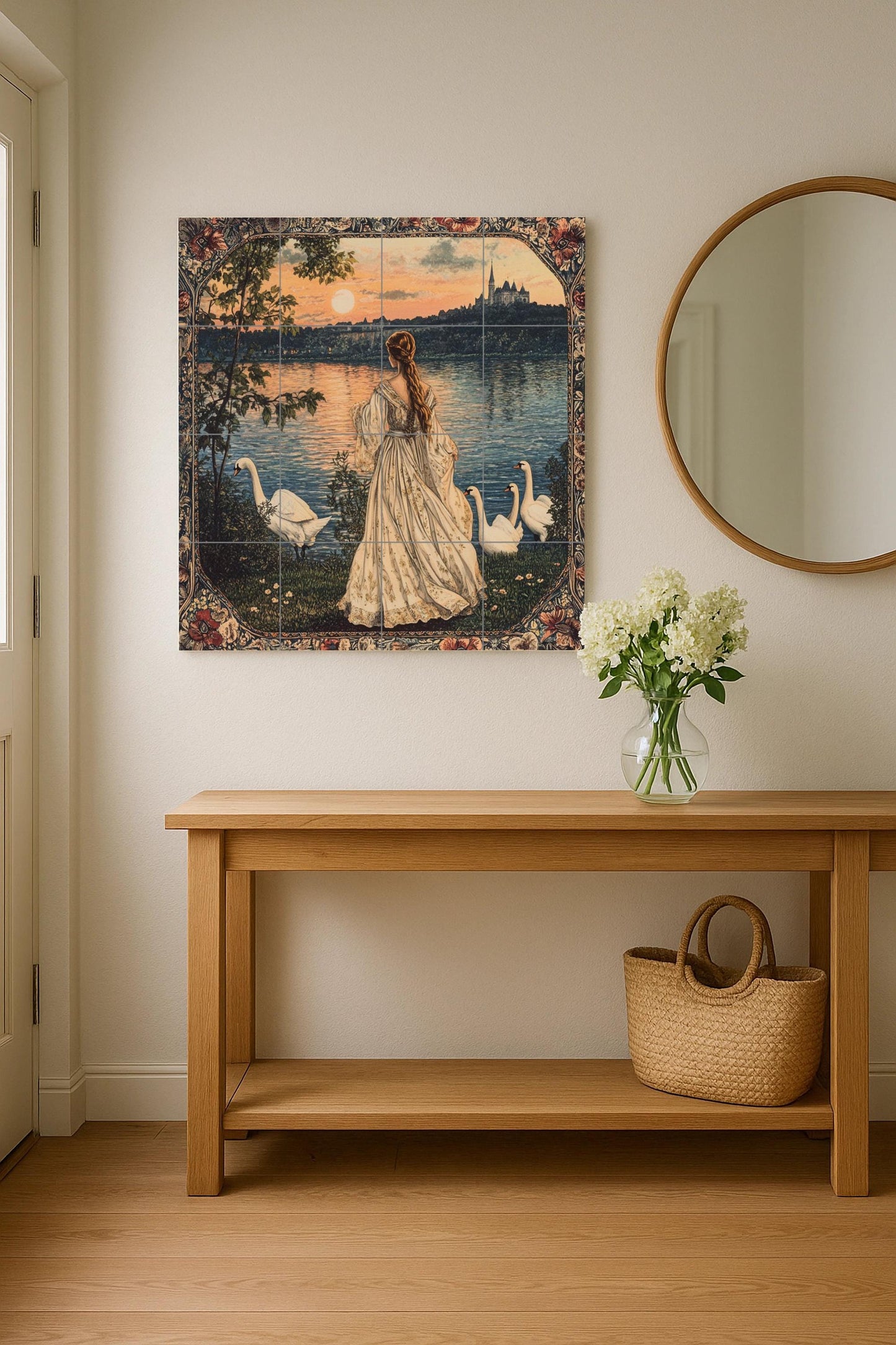 French ceramic mural: romantic woman by the lake with swans, horizon of a castle at sunset, Parisian elegance and inspiration from the Loire Valley.
