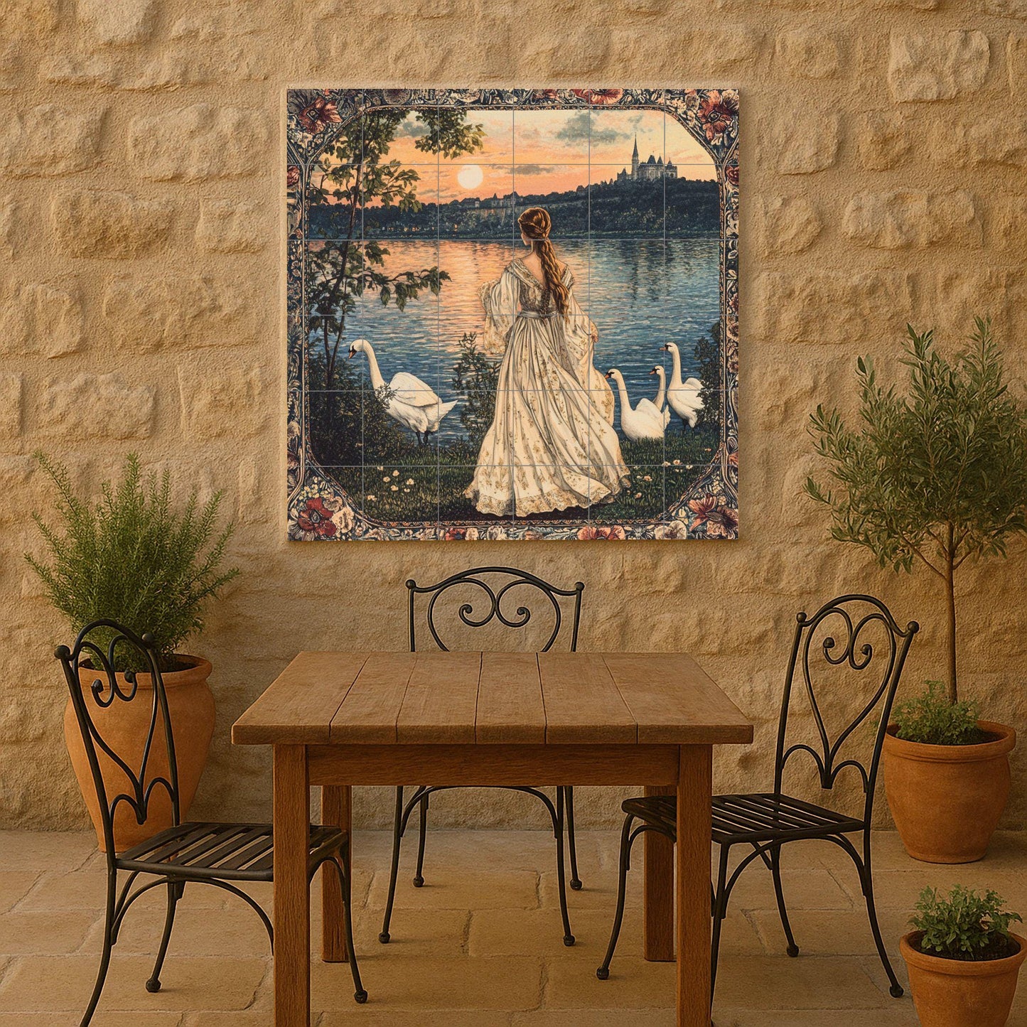 French ceramic mural: romantic woman by the lake with swans, horizon of a castle at sunset, Parisian elegance and inspiration from the Loire Valley.