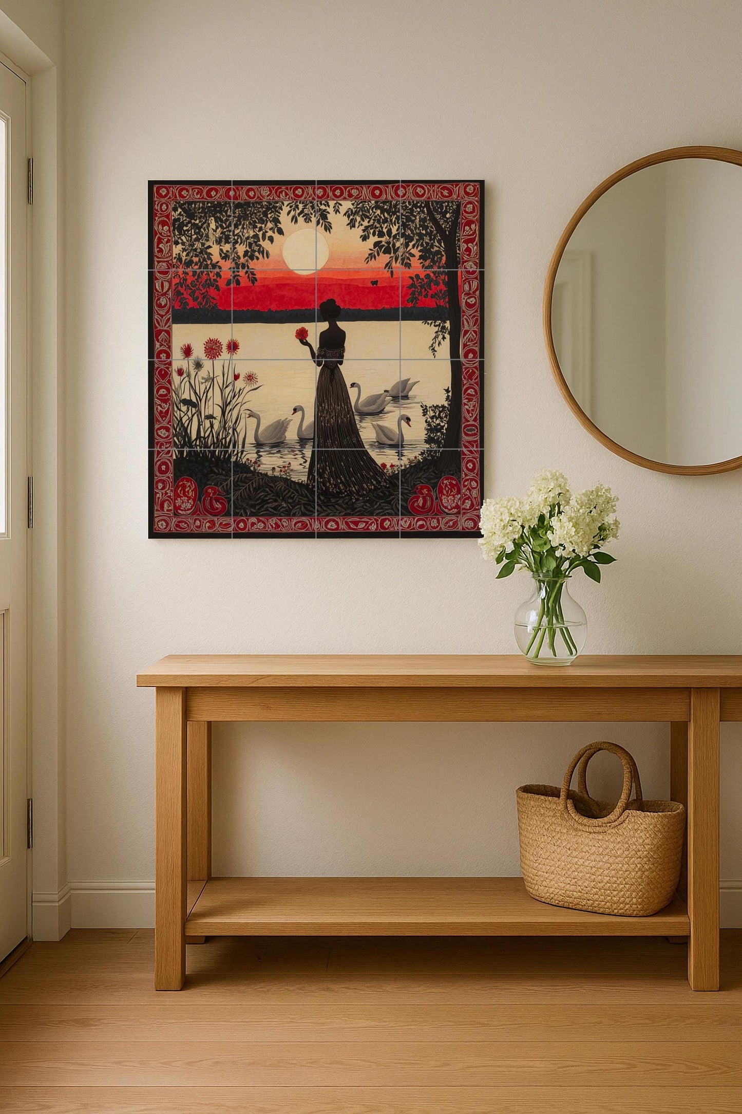 Crimson twilight ceramic mural: silhouette of a woman with swans at sunset, ornate red ornamental border and decorative wall art by the lake.