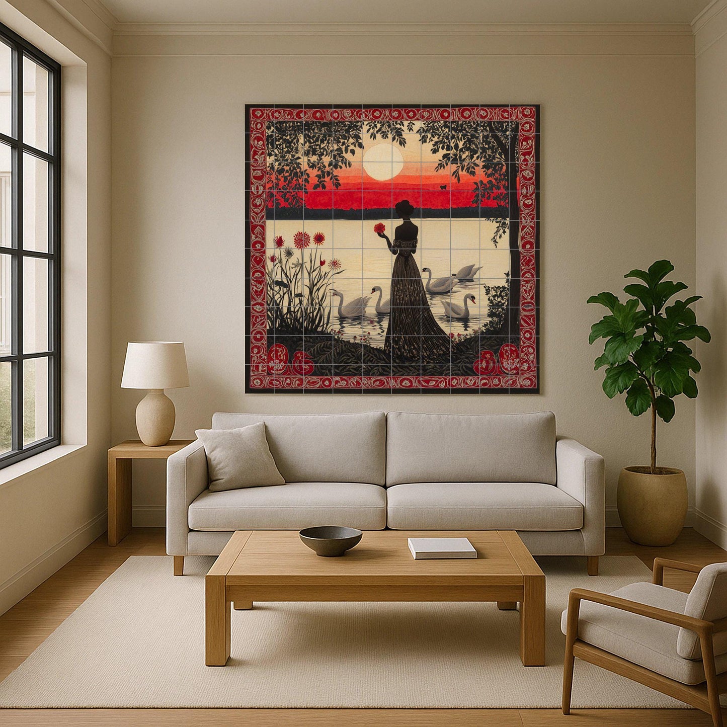 Crimson twilight ceramic mural: silhouette of a woman with swans at sunset, ornate red ornamental border and decorative wall art by the lake.