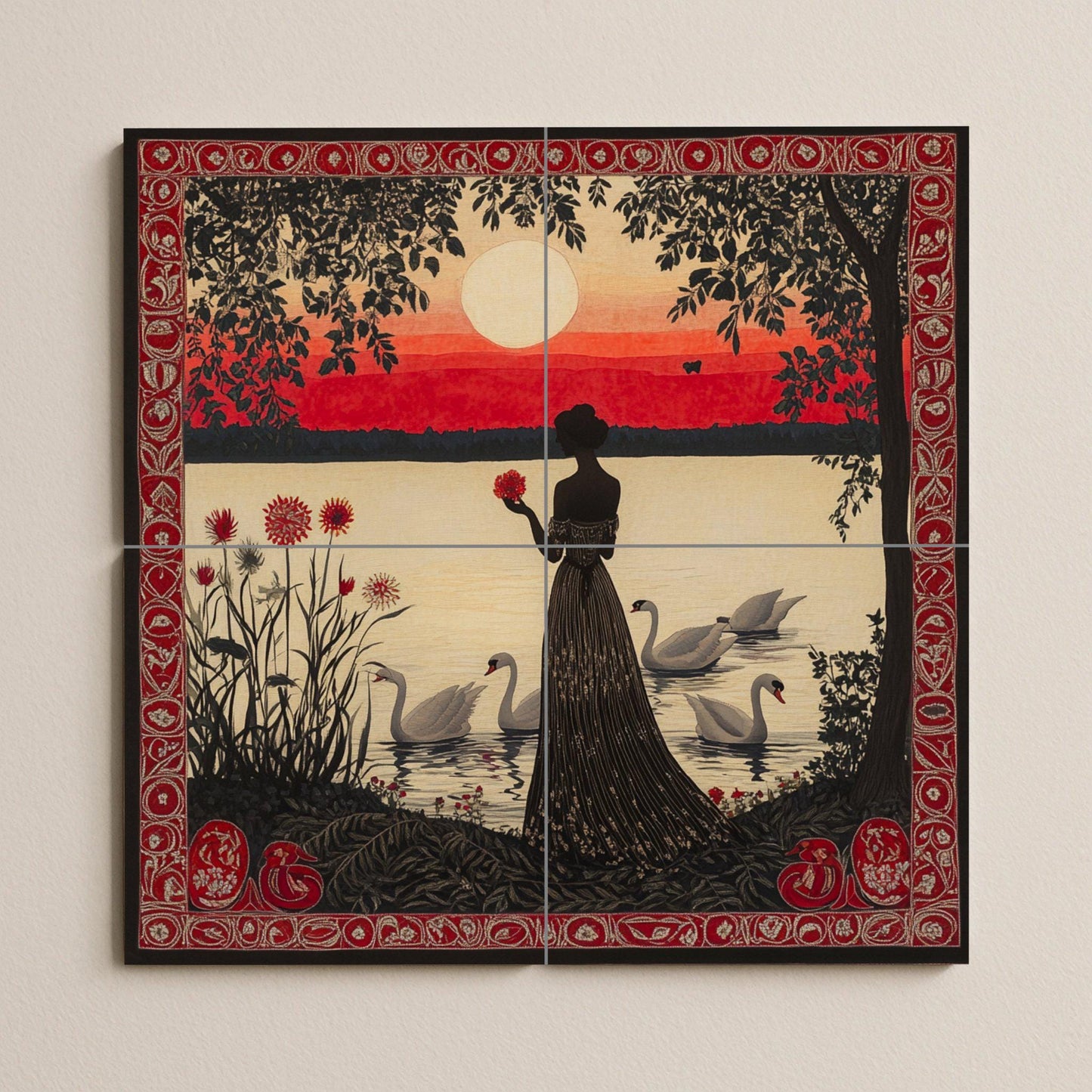 Crimson twilight ceramic mural: silhouette of a woman with swans at sunset, ornate red ornamental border and decorative wall art by the lake.