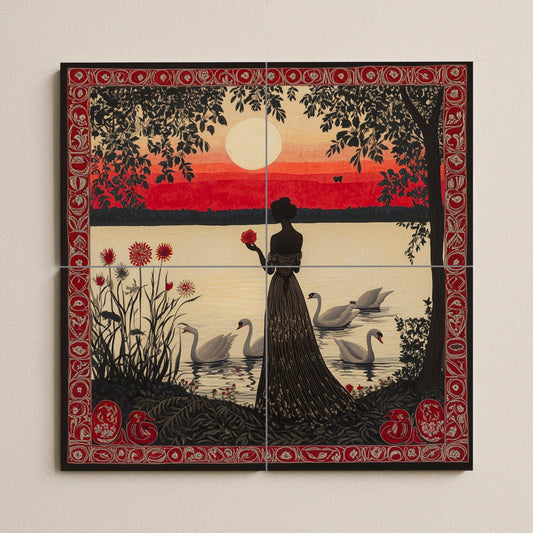 Crimson twilight ceramic mural: silhouette of a woman with swans at sunset, ornate red ornamental border and decorative wall art by the lake.