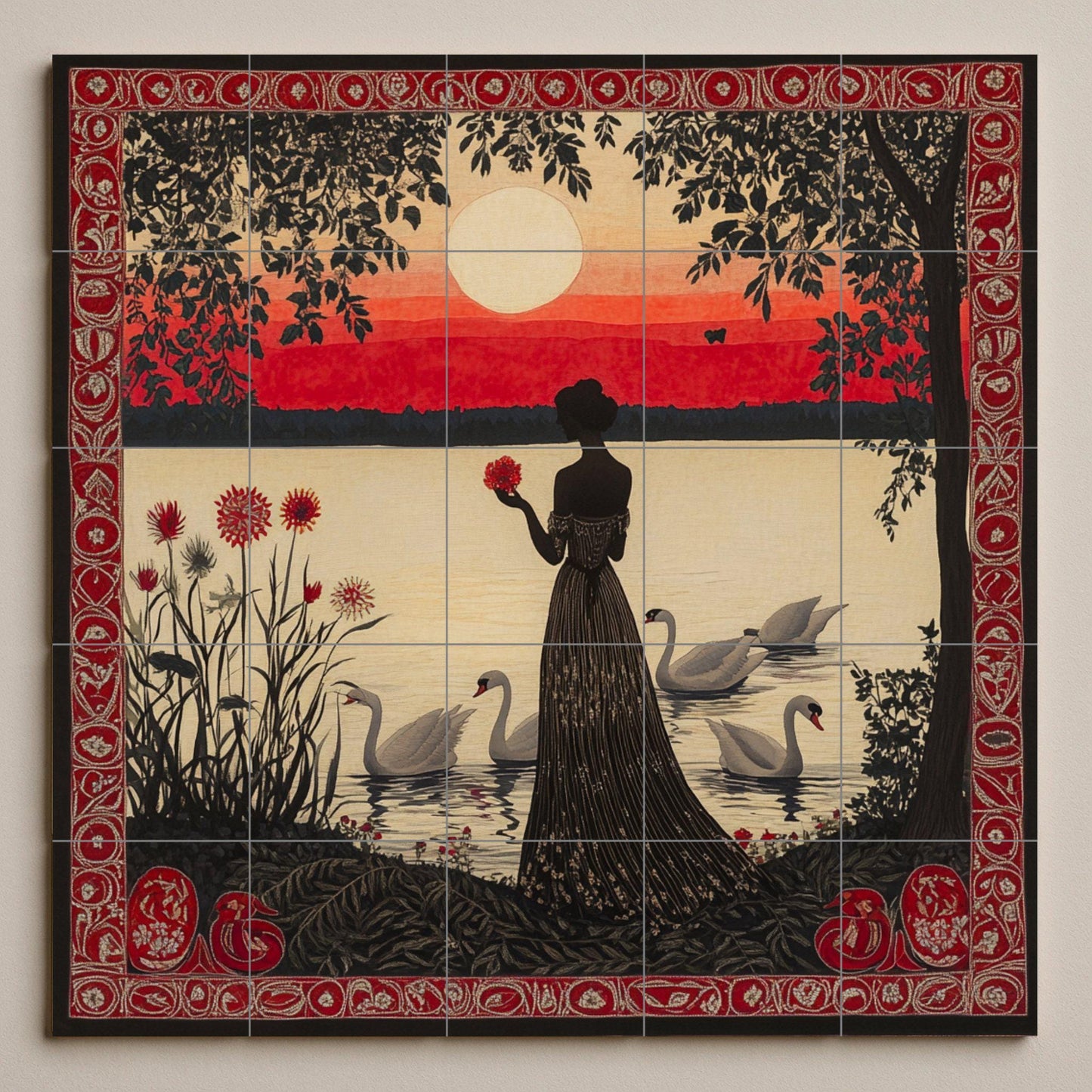Crimson twilight ceramic mural: silhouette of a woman with swans at sunset, ornate red ornamental border and decorative wall art by the lake.