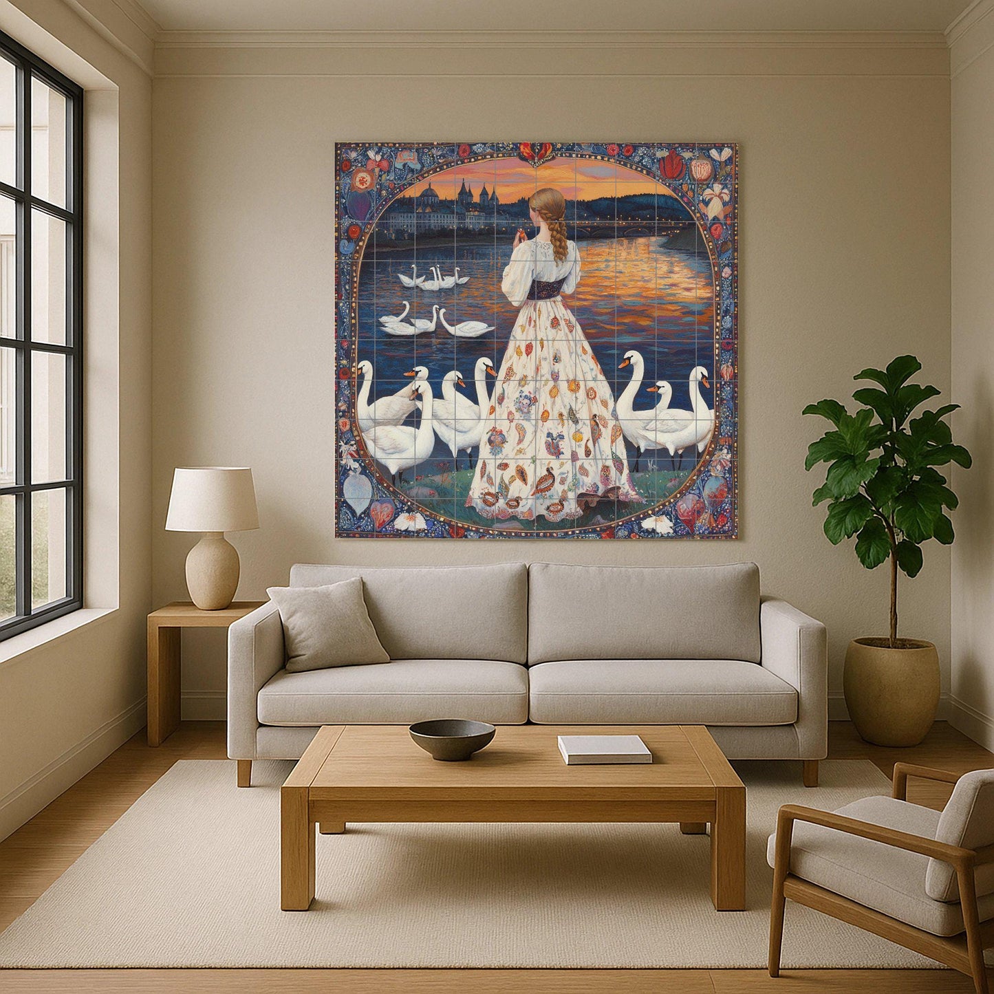 Folk ceramic mural: swans on a lake at sunset with a woman in a floral dress, fairy tale border and narrative wall art.