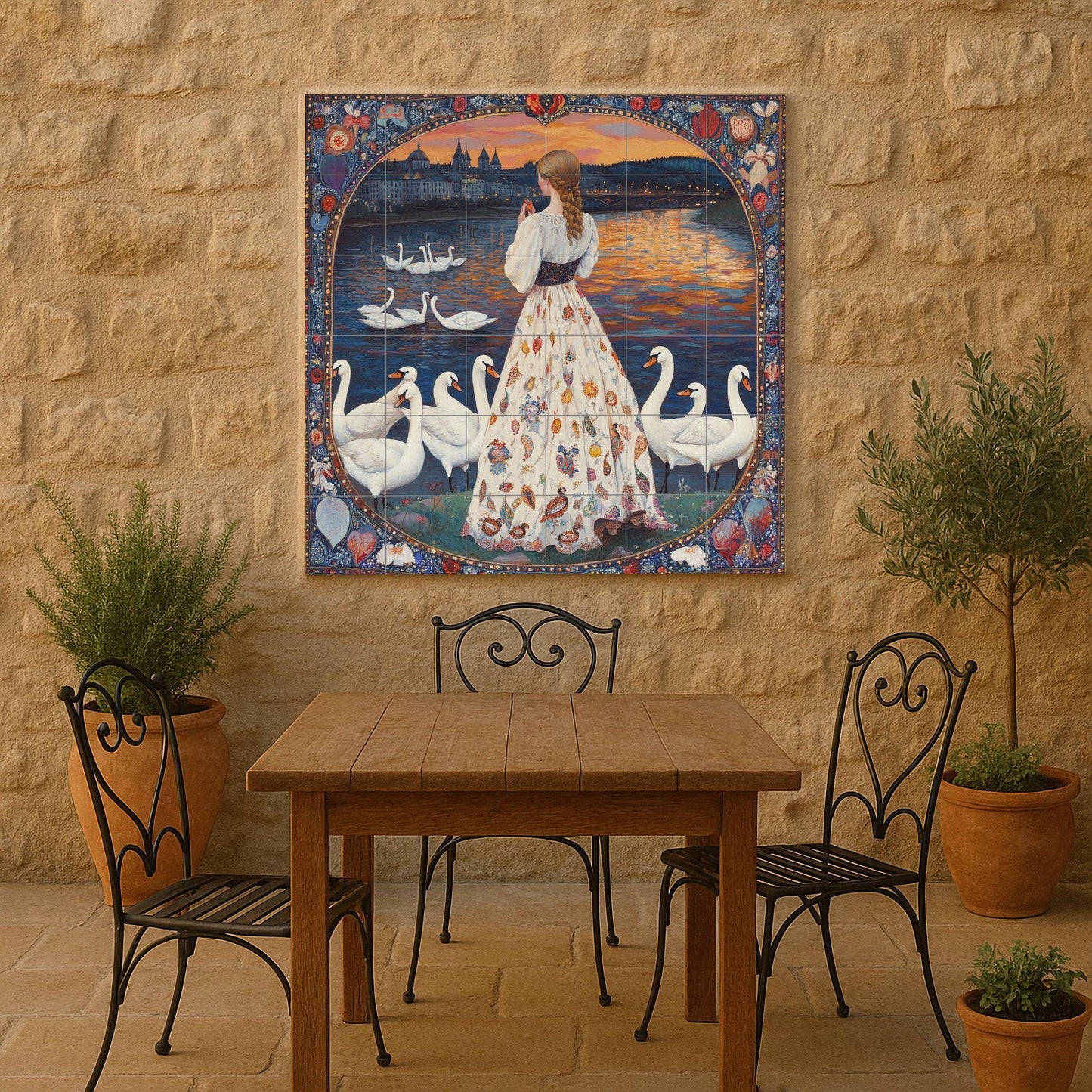 Folk ceramic mural: swans on a lake at sunset with a woman in a floral dress, fairy tale border and narrative wall art.