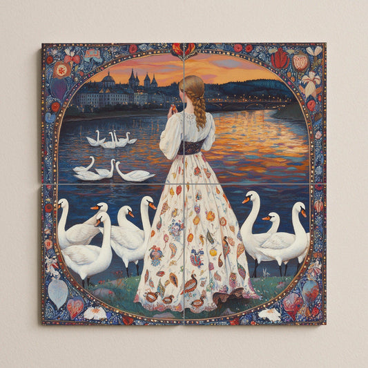 Folk ceramic mural: swans on a lake at sunset with a woman in a floral dress, fairy tale border and narrative wall art.