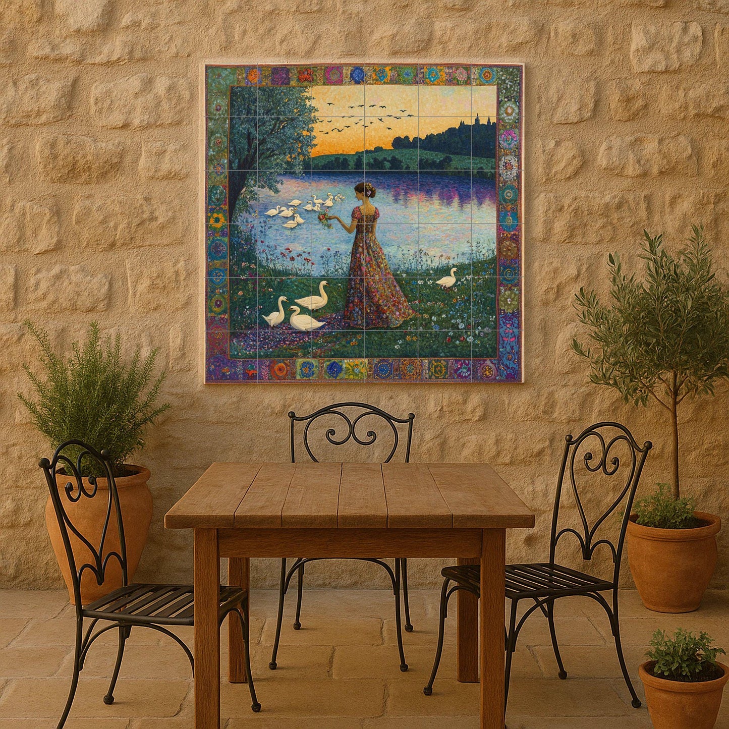 Art Nouveau ceramic mural: woman with swans on a lake at sunset, floral dress and jewel-embellished border, decorative ceramic wall panel.