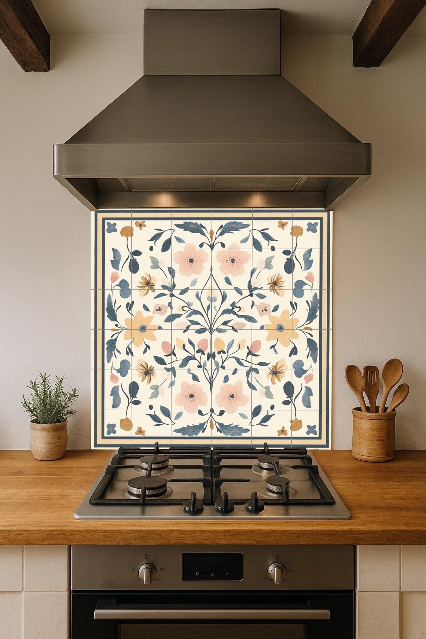 Floral ceramic mural of Swedish kurbits: folk art symmetry from the traditions of Dalarna, Mora and Uppsala, Nordic decorative panel in pastel shades