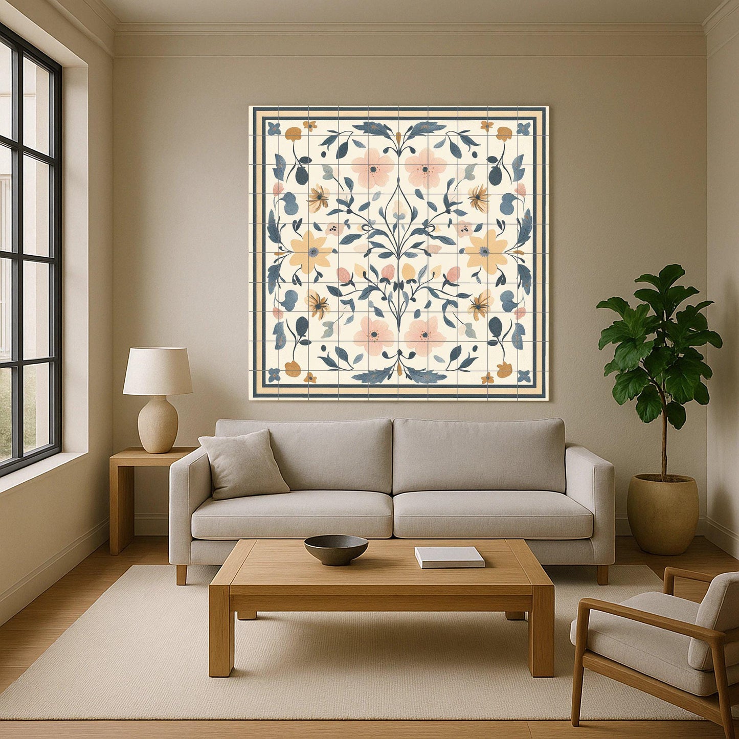 Floral ceramic mural of Swedish kurbits: folk art symmetry from the traditions of Dalarna, Mora and Uppsala, Nordic decorative panel in pastel shades
