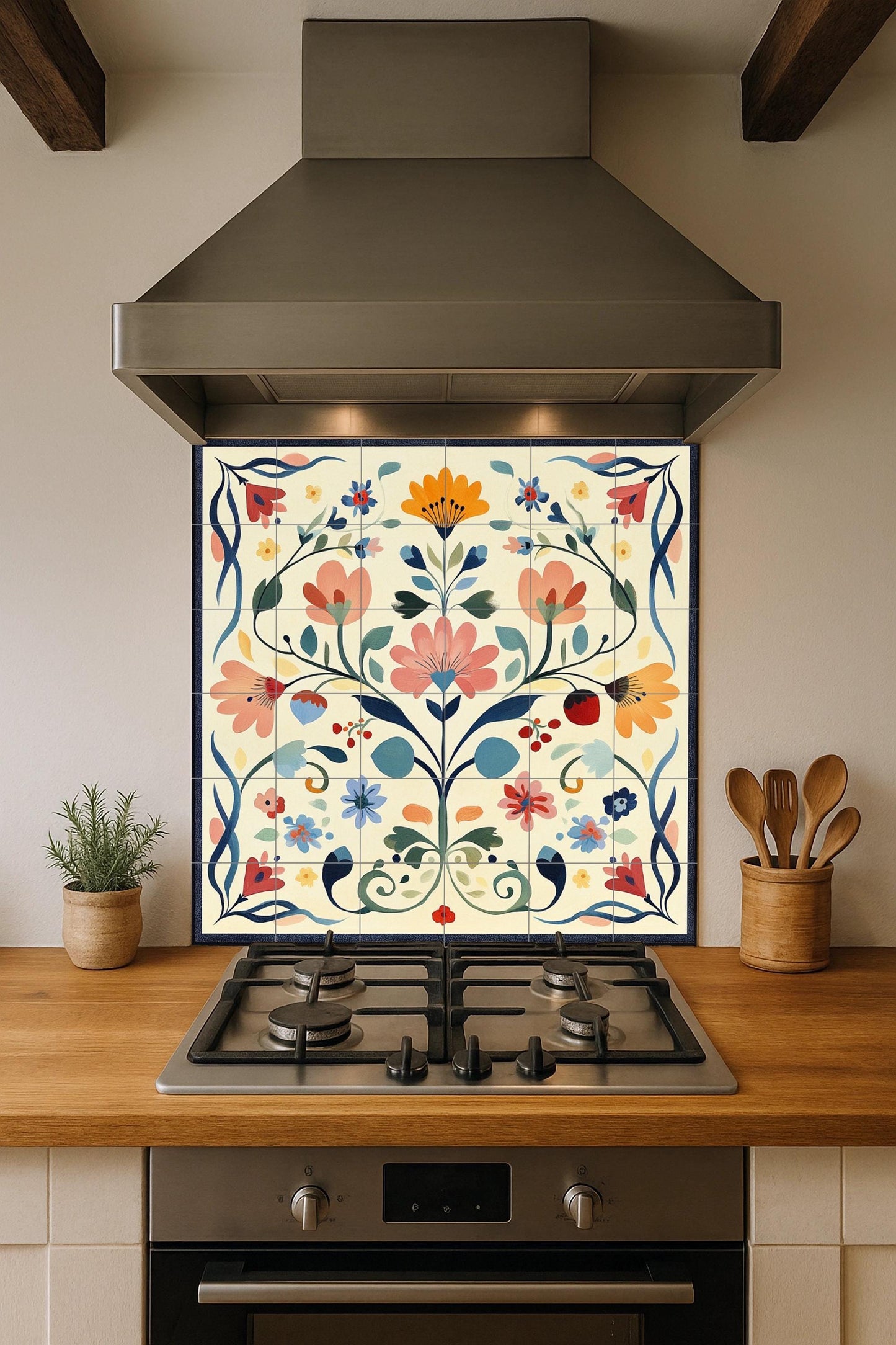 Swedish ceramic mural of kurbits: Dalarna folk floral painting in pastel shades, Nordic decorative tile panel with scrolls and symmetry.