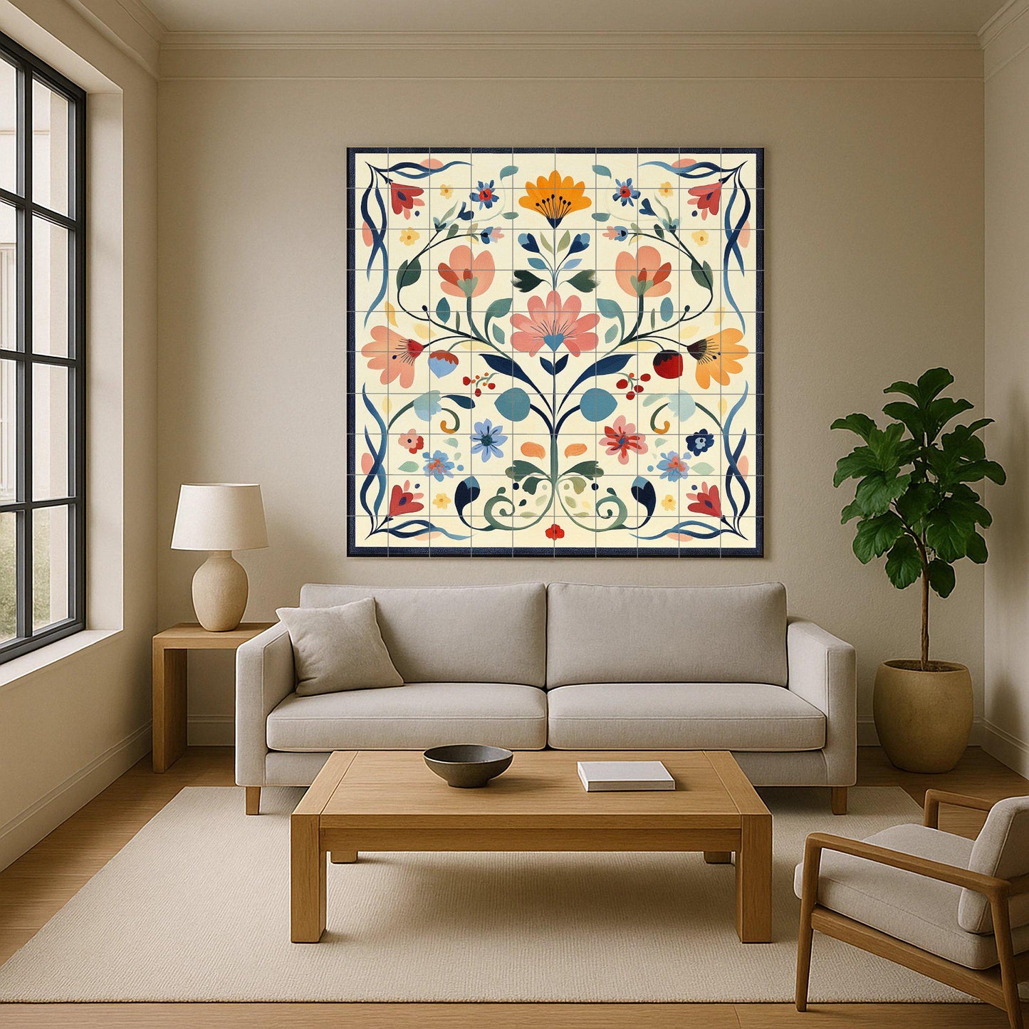 Swedish ceramic mural of kurbits: Dalarna folk floral painting in pastel shades, Nordic decorative tile panel with scrolls and symmetry.