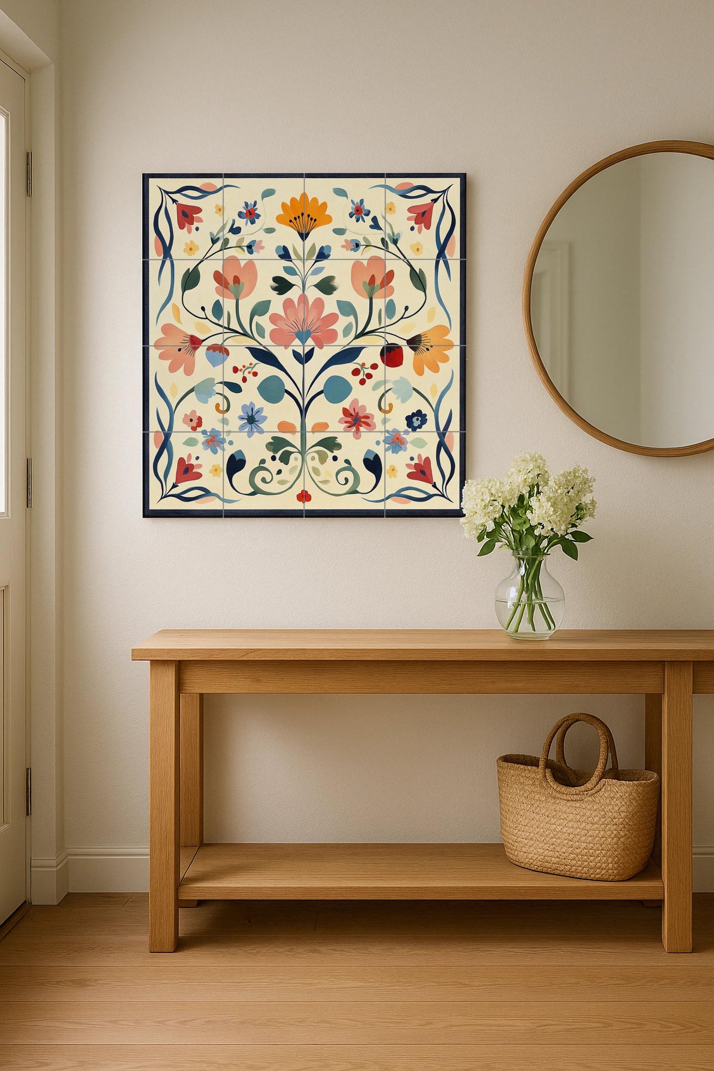 Swedish ceramic mural of kurbits: Dalarna folk floral painting in pastel shades, Nordic decorative tile panel with scrolls and symmetry.
