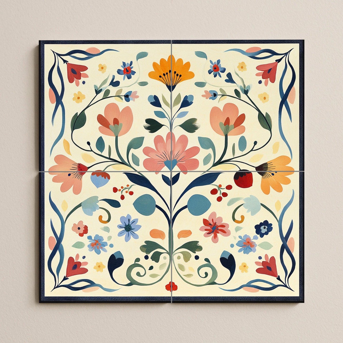 Swedish ceramic mural of kurbits: Dalarna folk floral painting in pastel shades, Nordic decorative tile panel with scrolls and symmetry.