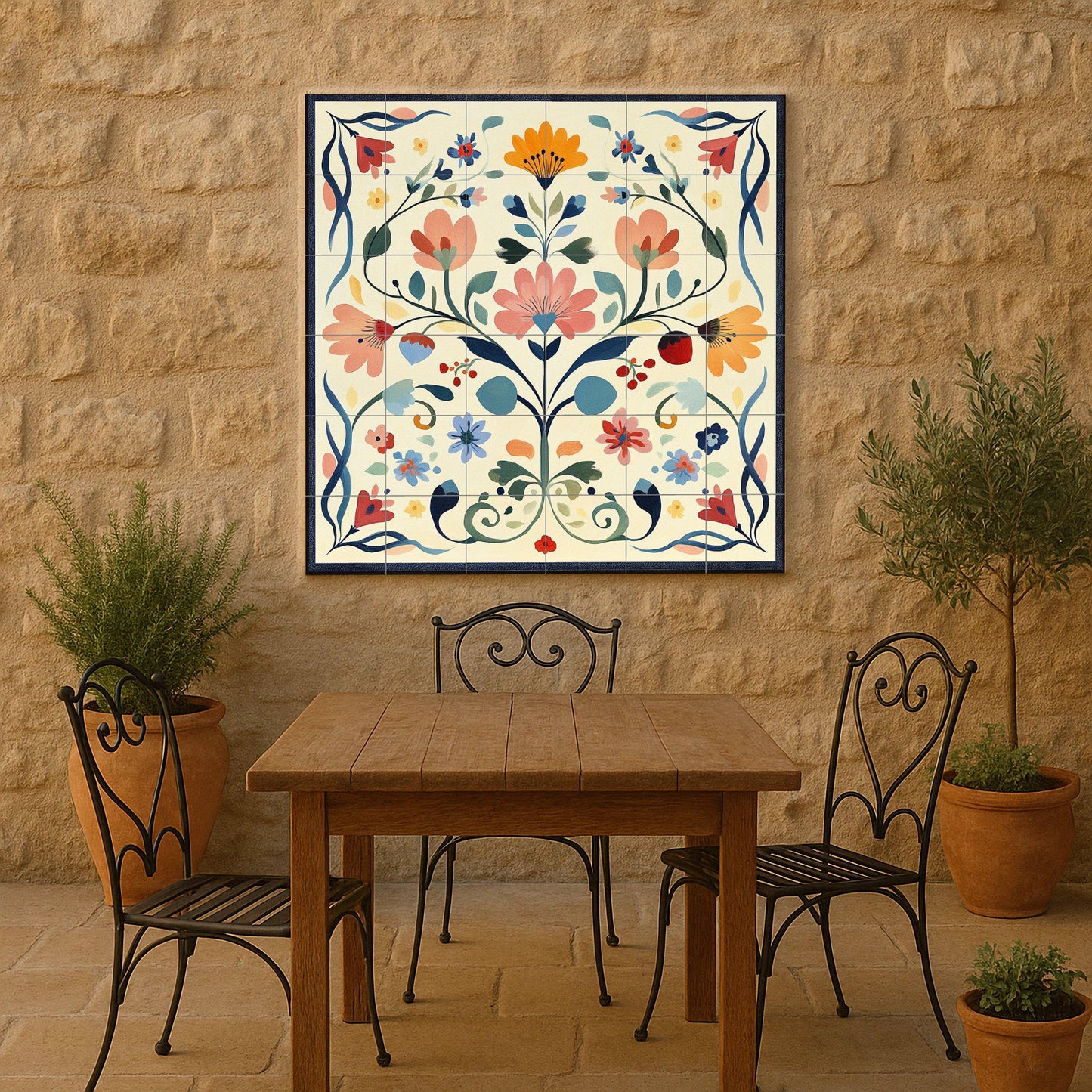 Swedish ceramic mural of kurbits: Dalarna folk floral painting in pastel shades, Nordic decorative tile panel with scrolls and symmetry.