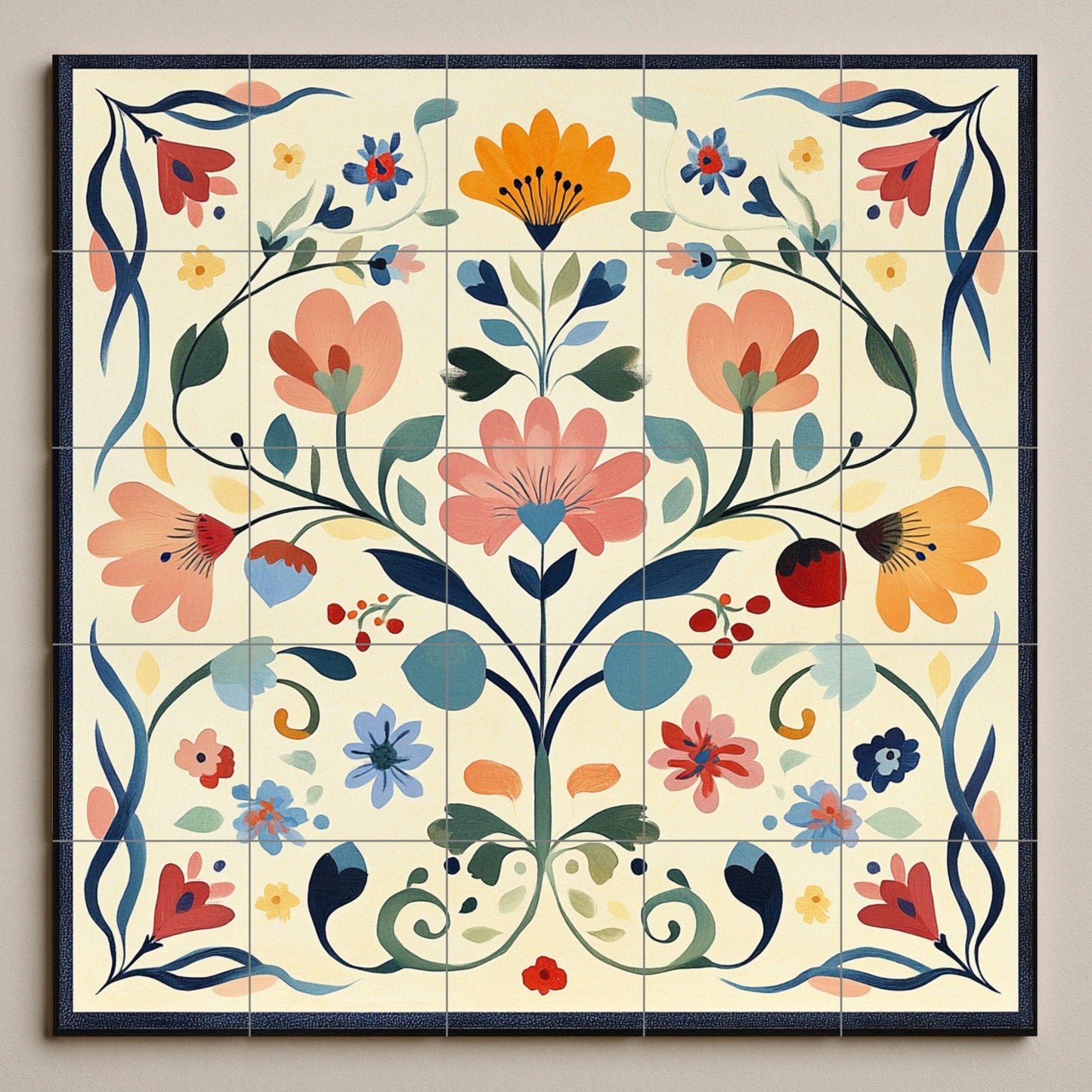 Swedish ceramic mural of kurbits: Dalarna folk floral painting in pastel shades, Nordic decorative tile panel with scrolls and symmetry.