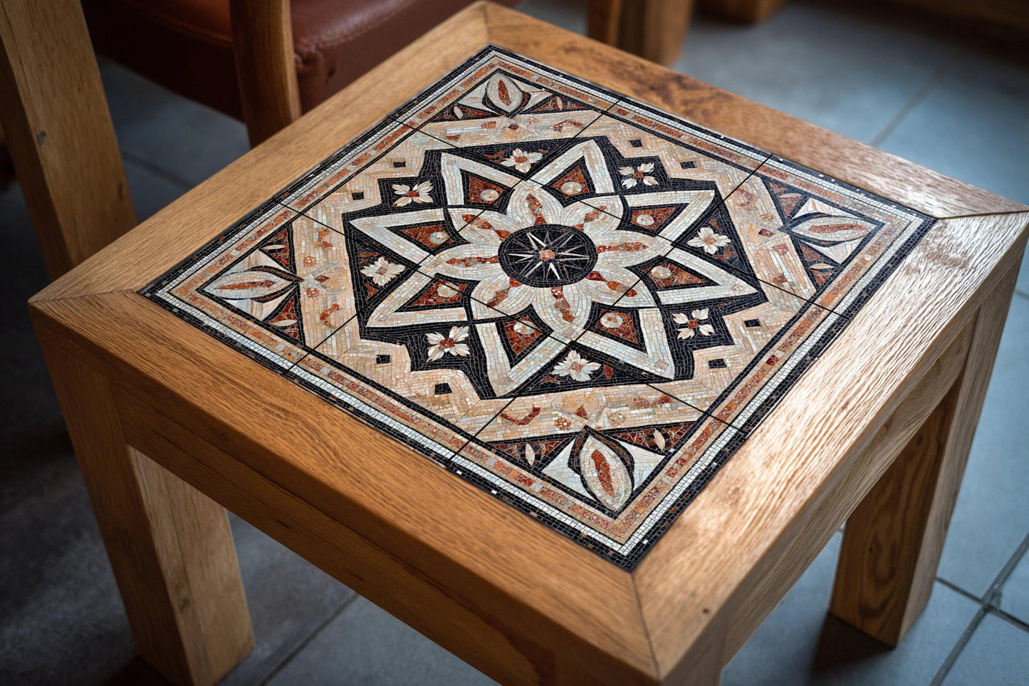 Syrian ceramic mosaic mural: Damascus, Aleppo, Homs, geometric star and flower design art, heritage tile art with cultural depth