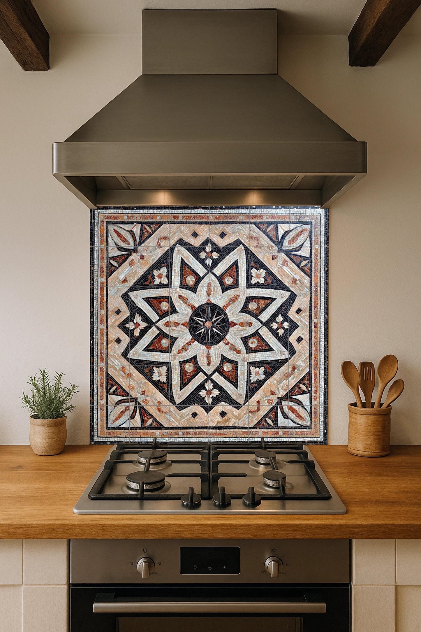 Syrian ceramic mosaic mural: Damascus, Aleppo, Homs, geometric star and flower design art, heritage tile art with cultural depth