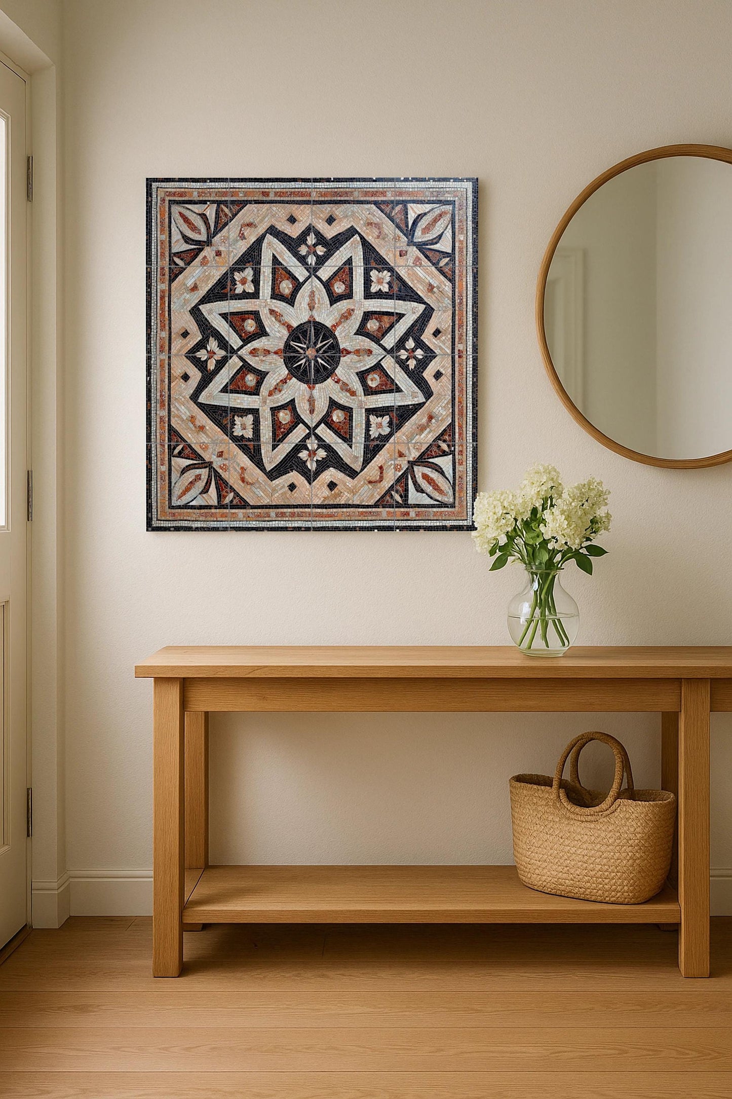 Syrian ceramic mosaic mural: Damascus, Aleppo, Homs, geometric star and flower design art, heritage tile art with cultural depth