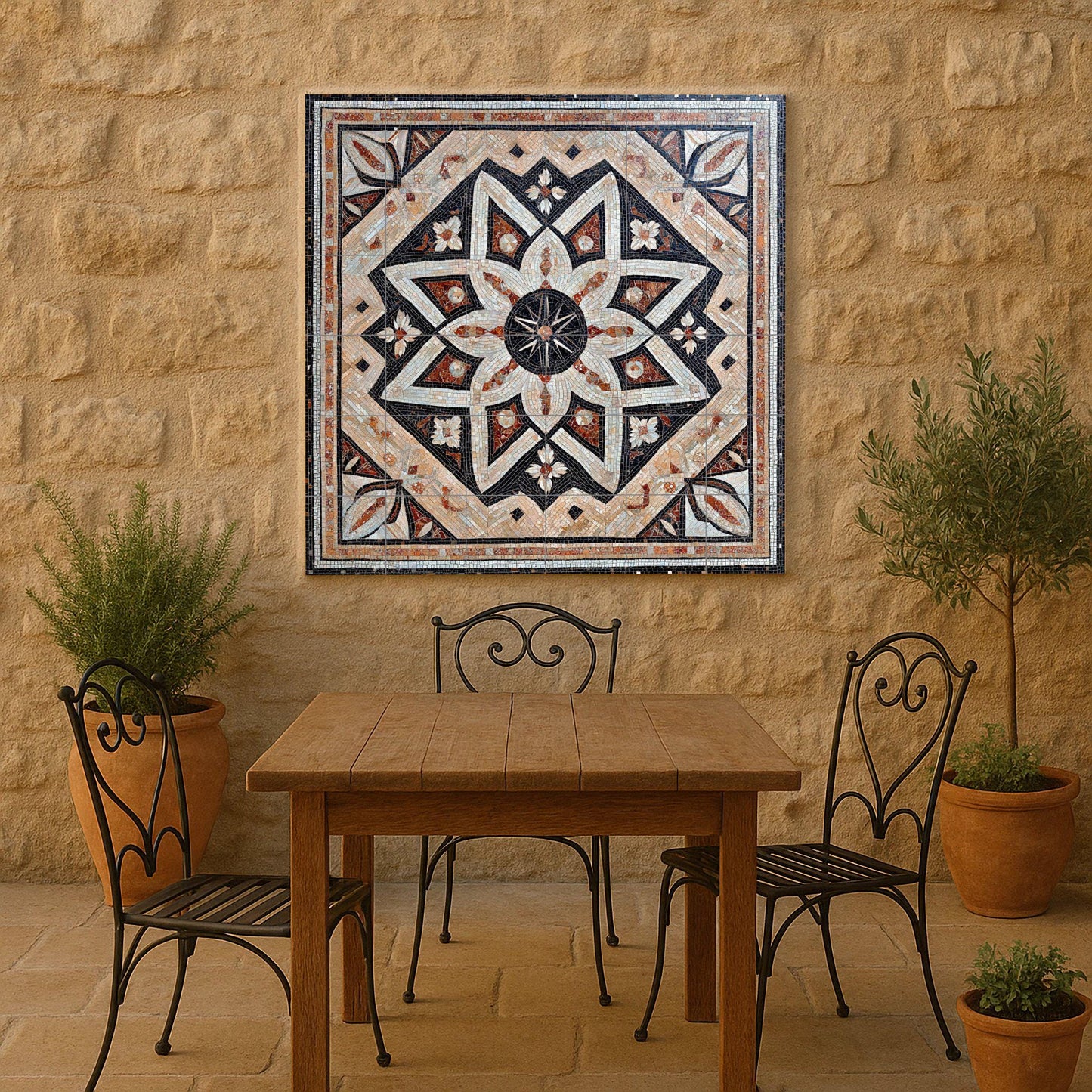 Syrian ceramic mosaic mural: Damascus, Aleppo, Homs, geometric star and flower design art, heritage tile art with cultural depth
