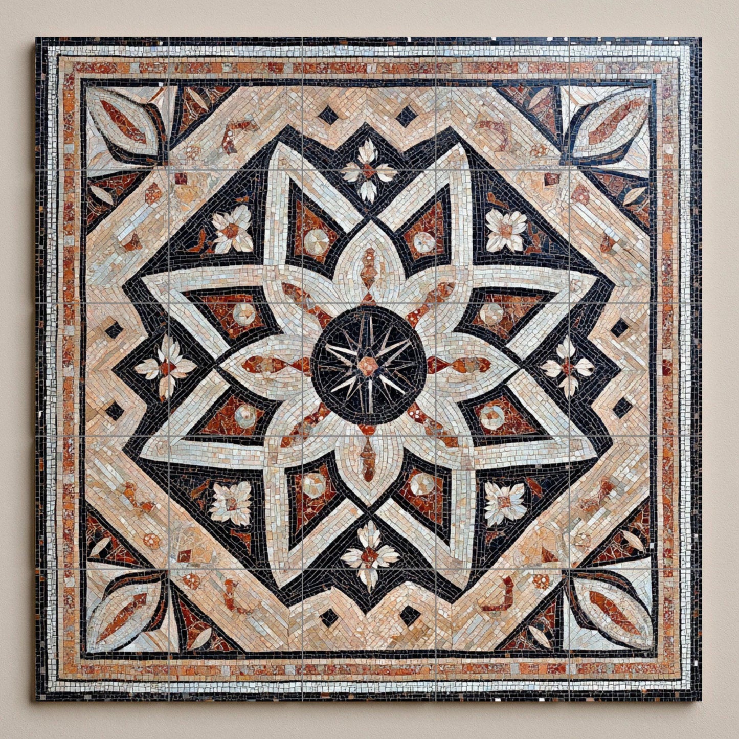 Syrian ceramic mosaic mural: Damascus, Aleppo, Homs, geometric star and flower design art, heritage tile art with cultural depth