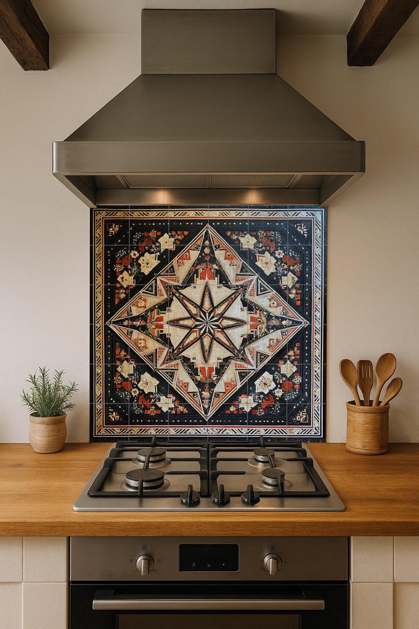 Geometric ceramic mural from the Middle East: modern star mosaic in black, ivory and terracotta, ornamental wall art with timeless symmetry.
