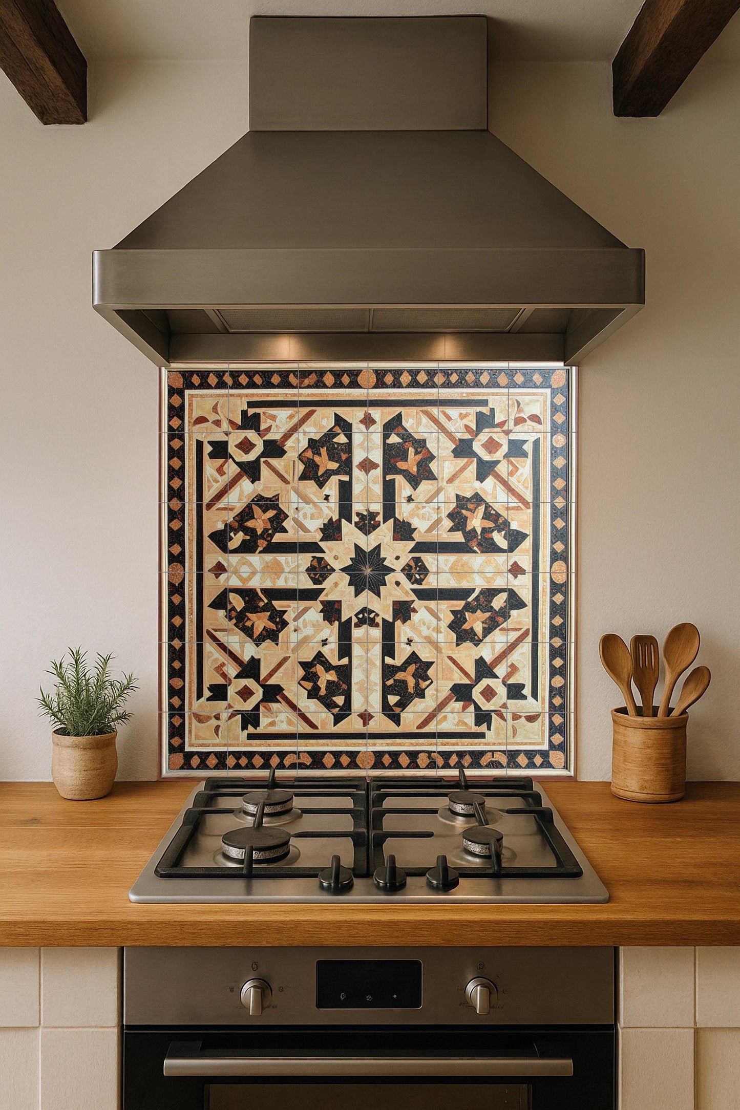 Syrian ceramic mural: intricate geometric design of stars in earthy tones, Damascus mosaic art with ornamental border and refined symmetry.