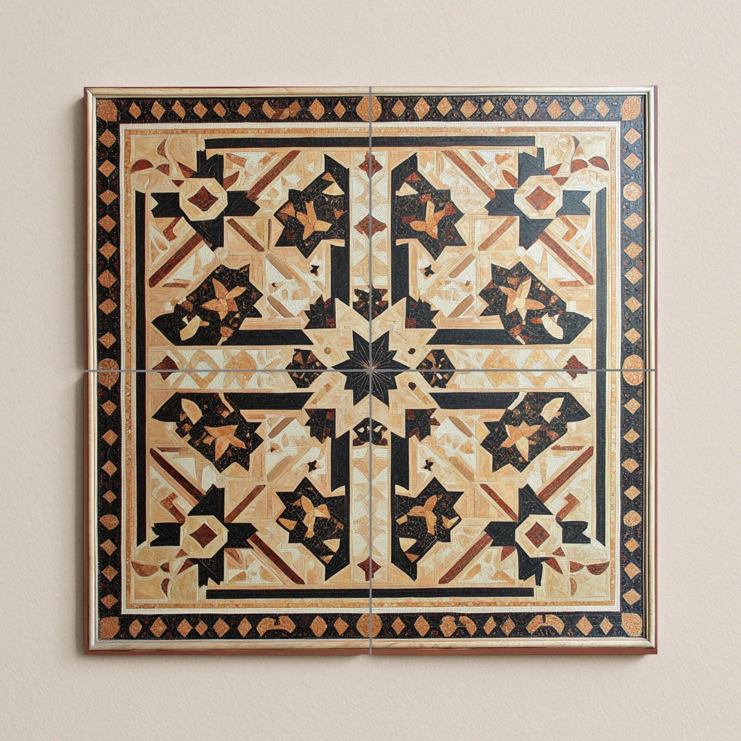 Syrian ceramic mural: intricate geometric design of stars in earthy tones, Damascus mosaic art with ornamental border and refined symmetry.