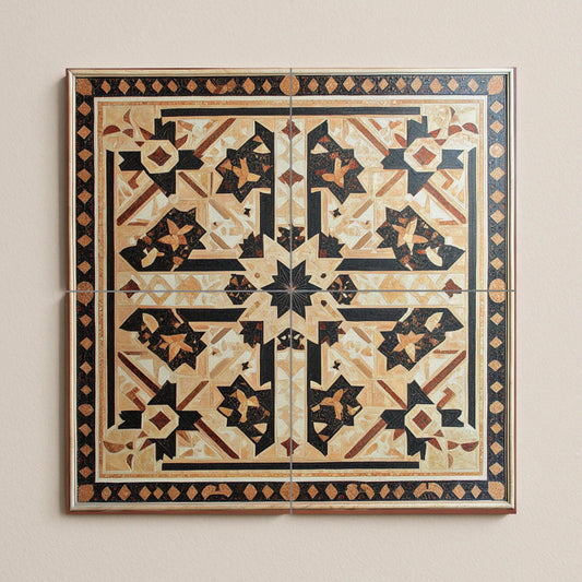 Syrian ceramic mural: intricate geometric design of stars in earthy tones, Damascus mosaic art with ornamental border and refined symmetry.