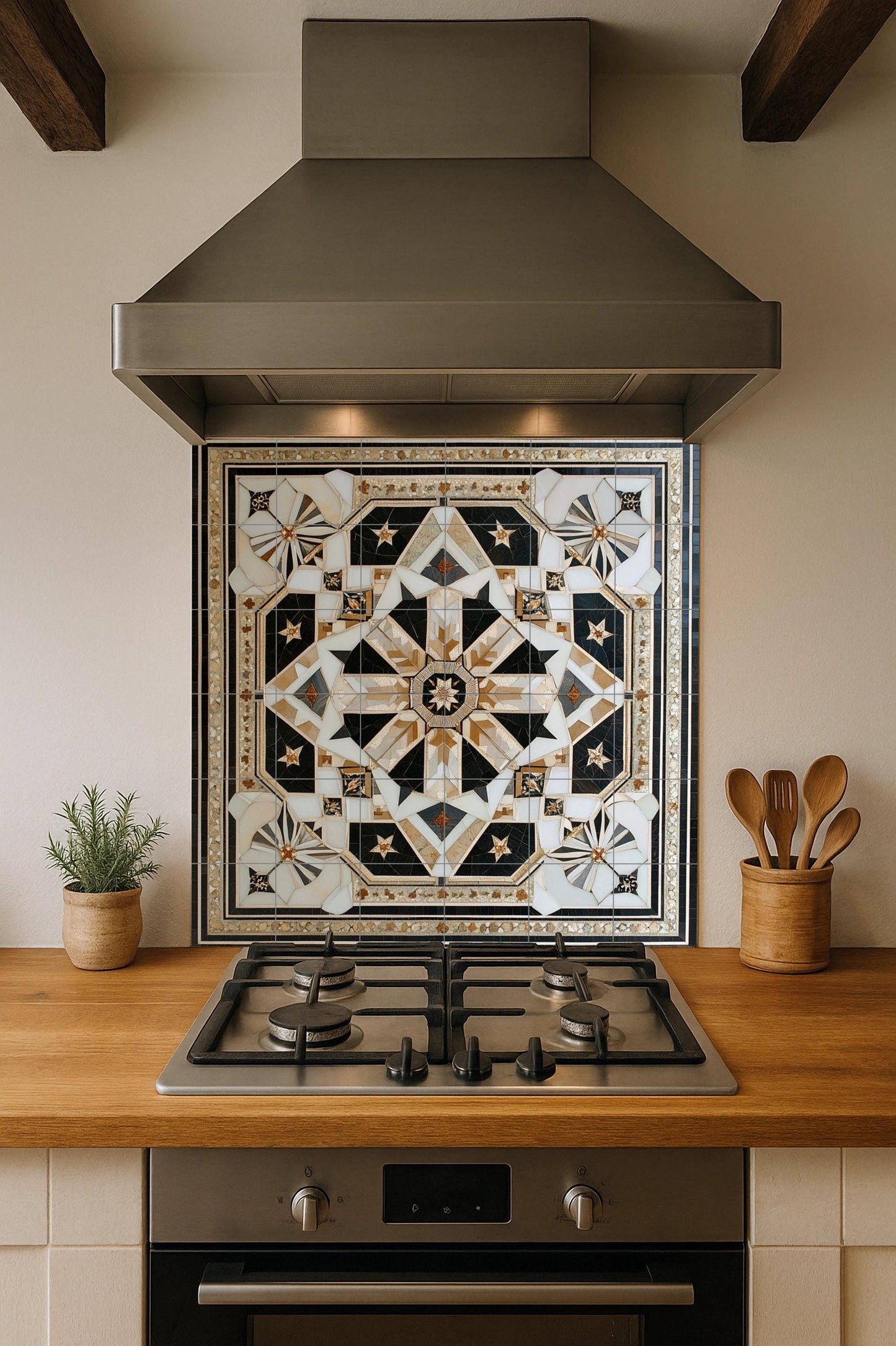Geometric Star Ceramic Mural: Ornamental panel of black, white and gold tiles with an intricate symmetrical design, luxury wall art centerpiece