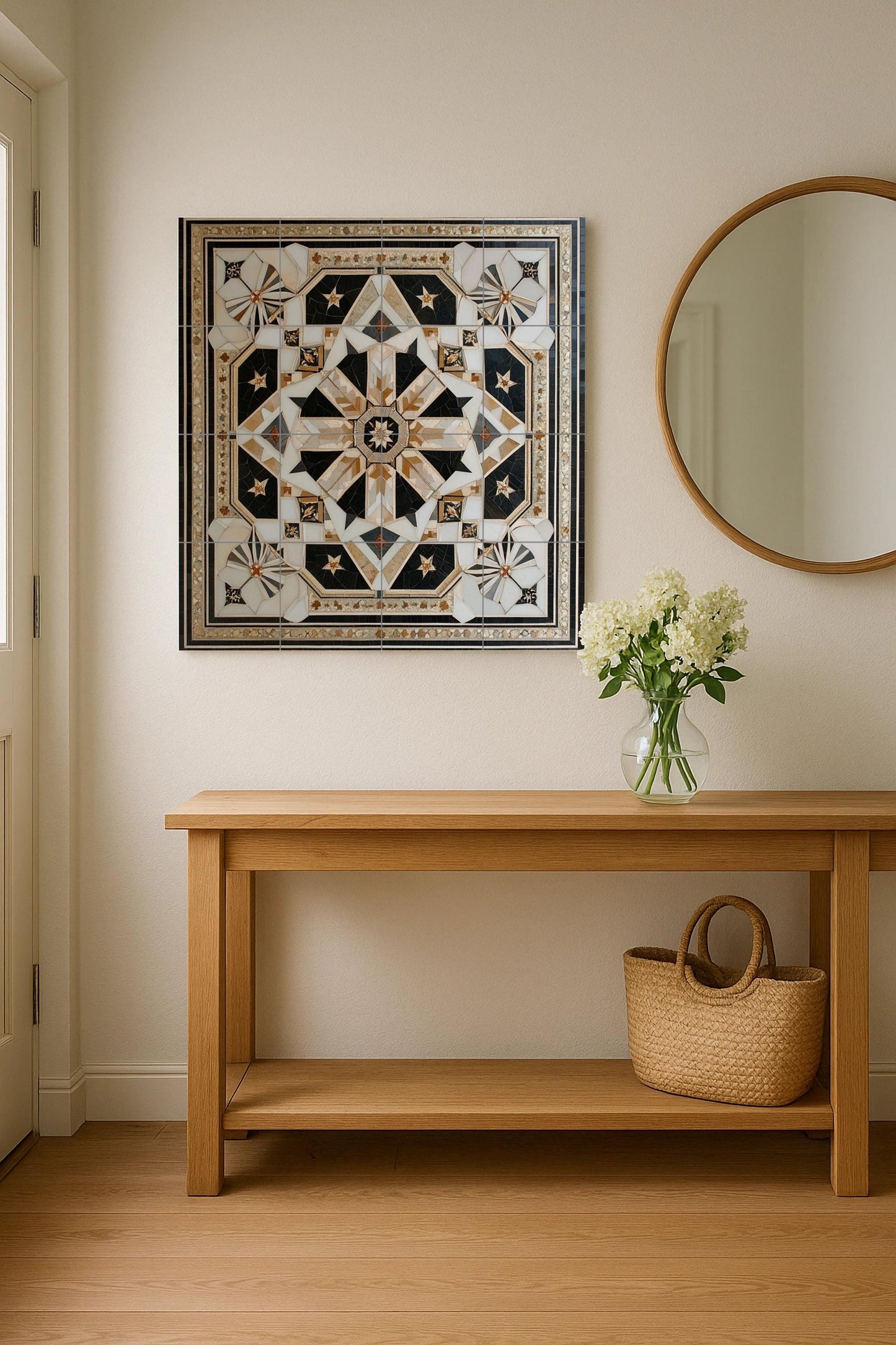 Geometric Star Ceramic Mural: Ornamental panel of black, white and gold tiles with an intricate symmetrical design, luxury wall art centerpiece