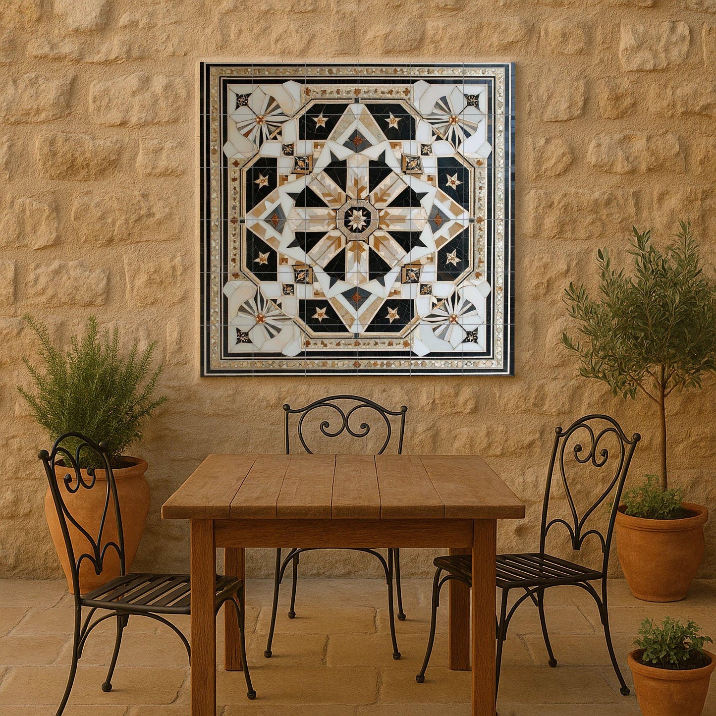 Geometric Star Ceramic Mural: Ornamental panel of black, white and gold tiles with an intricate symmetrical design, luxury wall art centerpiece