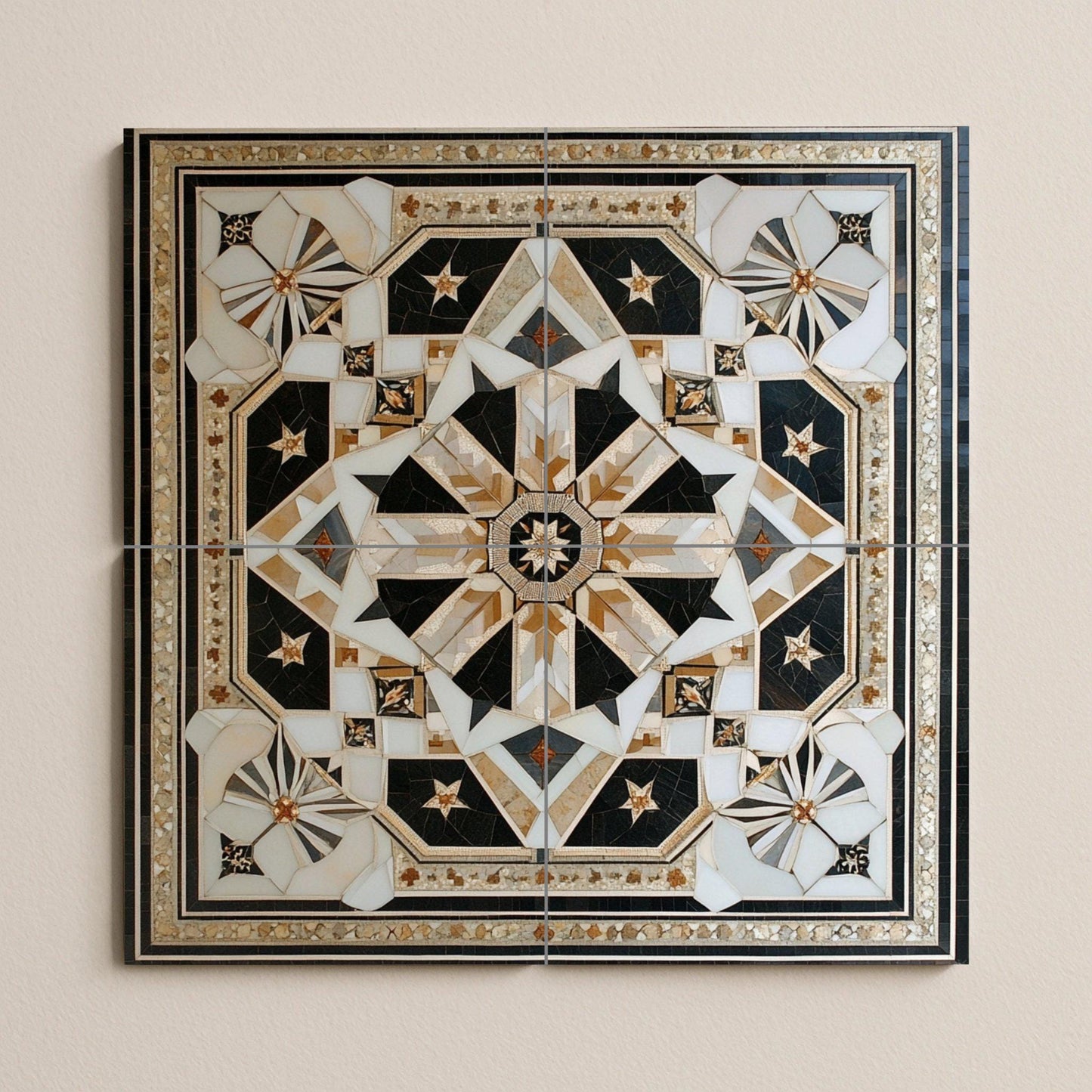 Geometric Star Ceramic Mural: Ornamental panel of black, white and gold tiles with an intricate symmetrical design, luxury wall art centerpiece