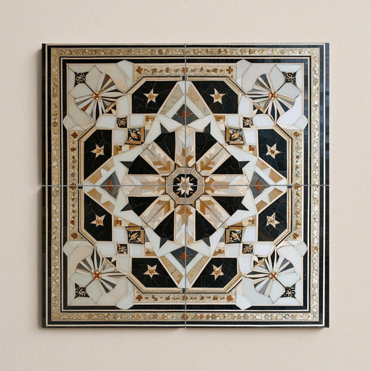 Geometric Star Ceramic Mural: Ornamental panel of black, white and gold tiles with an intricate symmetrical design, luxury wall art centerpiece