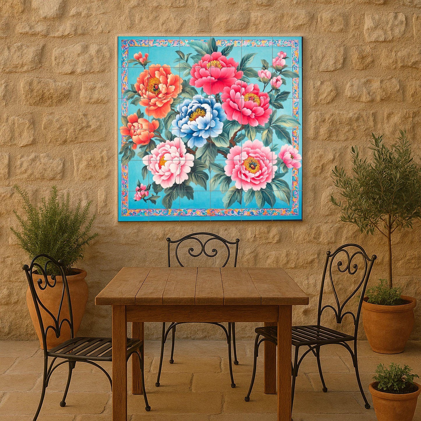 Chinese ceramic mural: peony flowers in red, pink, orange and blue, traditional floral tile art, symbol of prosperity and cultural heritage.