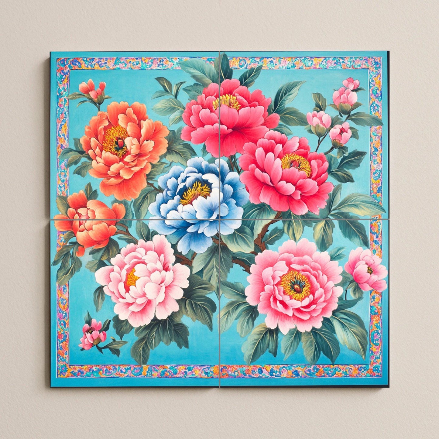 Chinese ceramic mural: peony flowers in red, pink, orange and blue, traditional floral tile art, symbol of prosperity and cultural heritage.