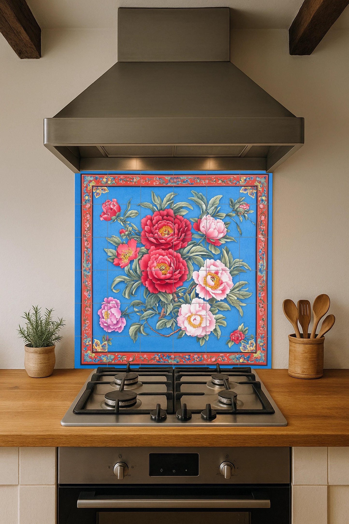 Large ceramic floral mural: intense red and pink flowers on a deep blue with an ornate border, striking tile wall art for impactful interiors.
