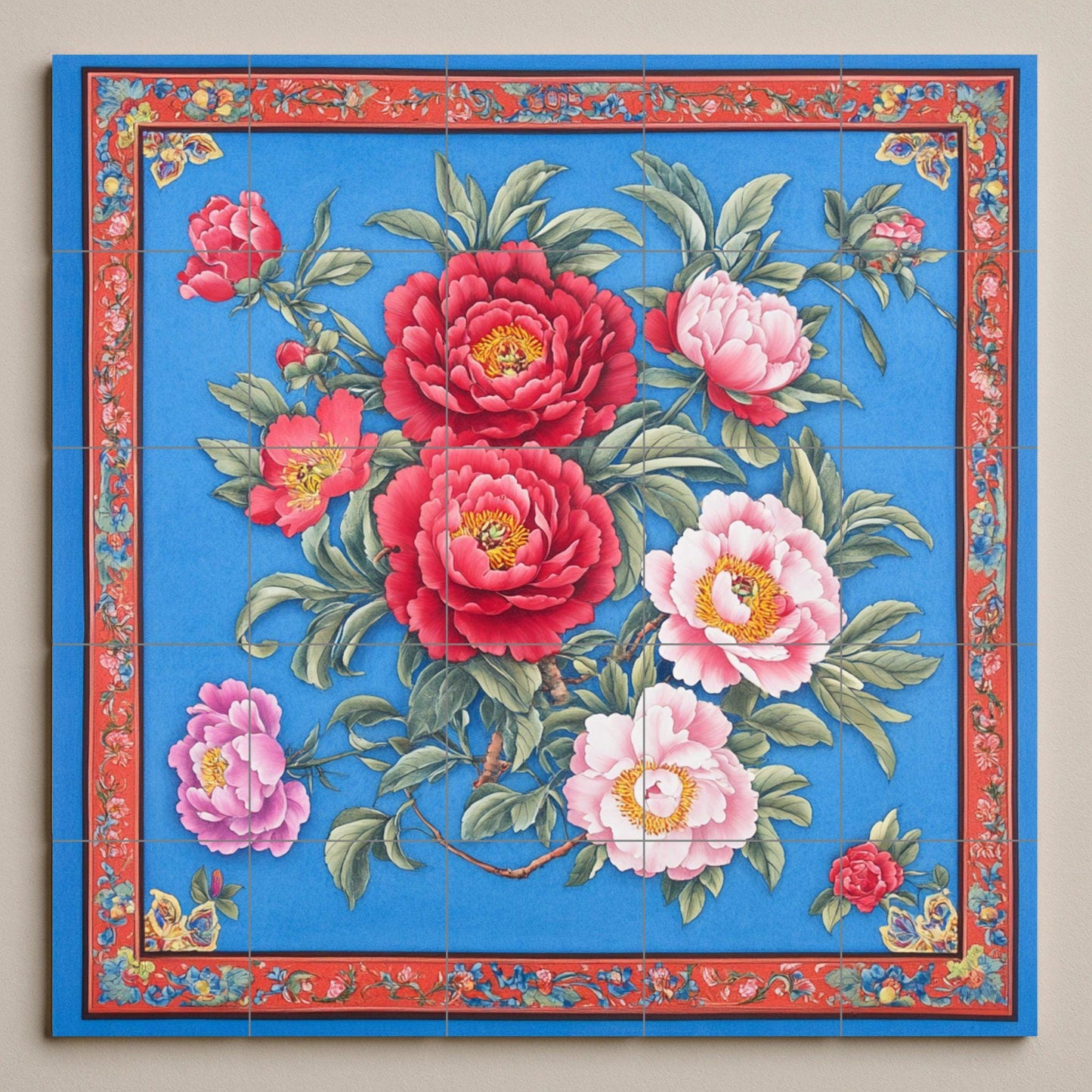 Large ceramic floral mural: intense red and pink flowers on a deep blue with an ornate border, striking tile wall art for impactful interiors.