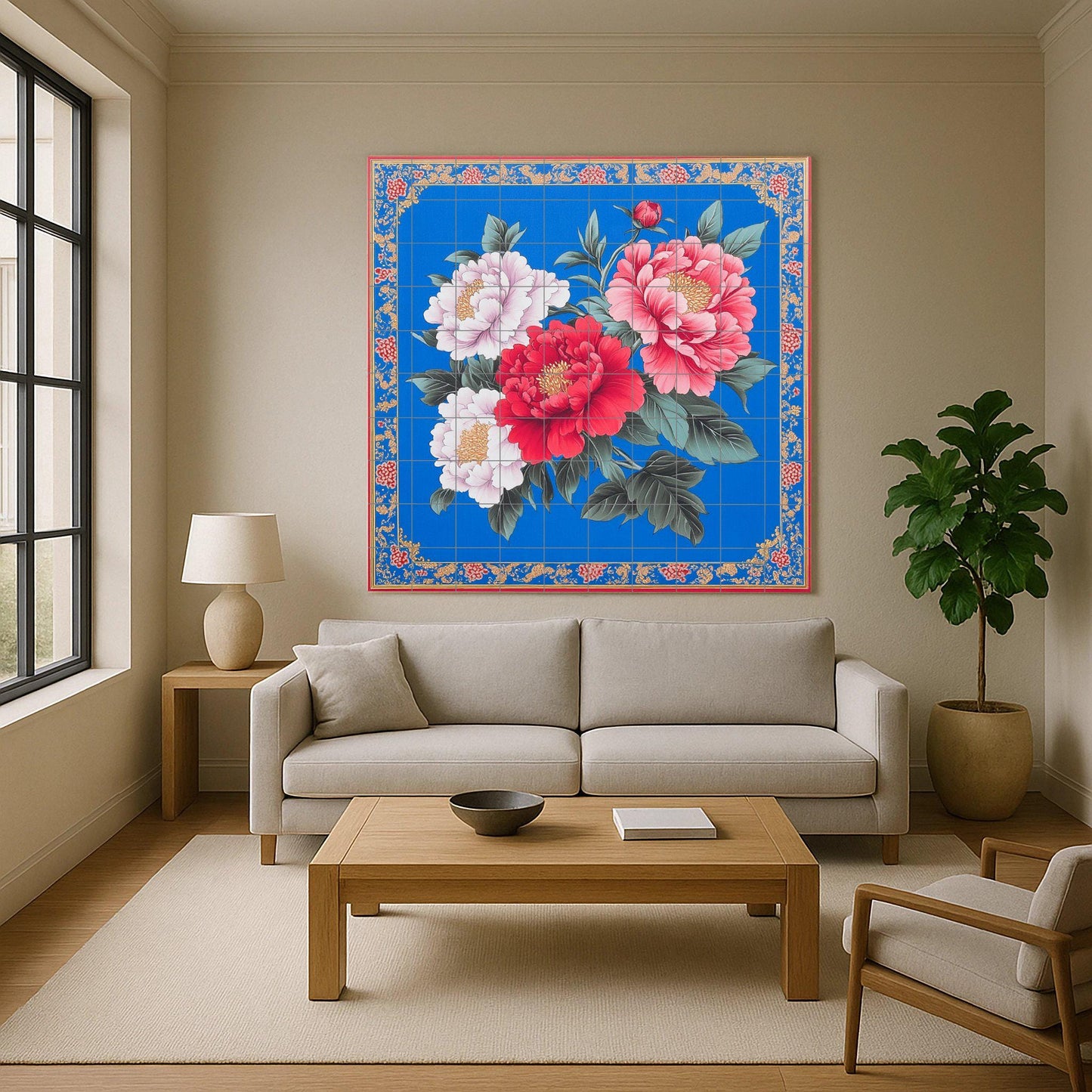 Taiwanese Hakka ceramic mural: vibrant peony flowers on a cobalt blue folk art floral tile panel with festive gift fabric border.