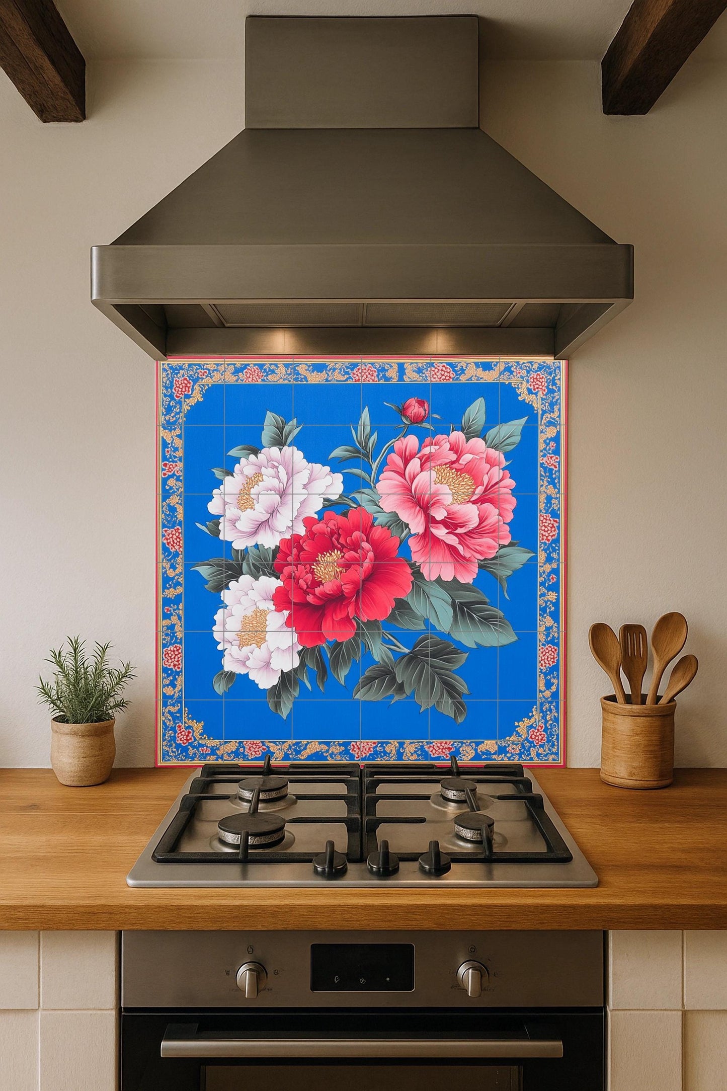 Taiwanese Hakka ceramic mural: vibrant peony flowers on a cobalt blue folk art floral tile panel with festive gift fabric border.
