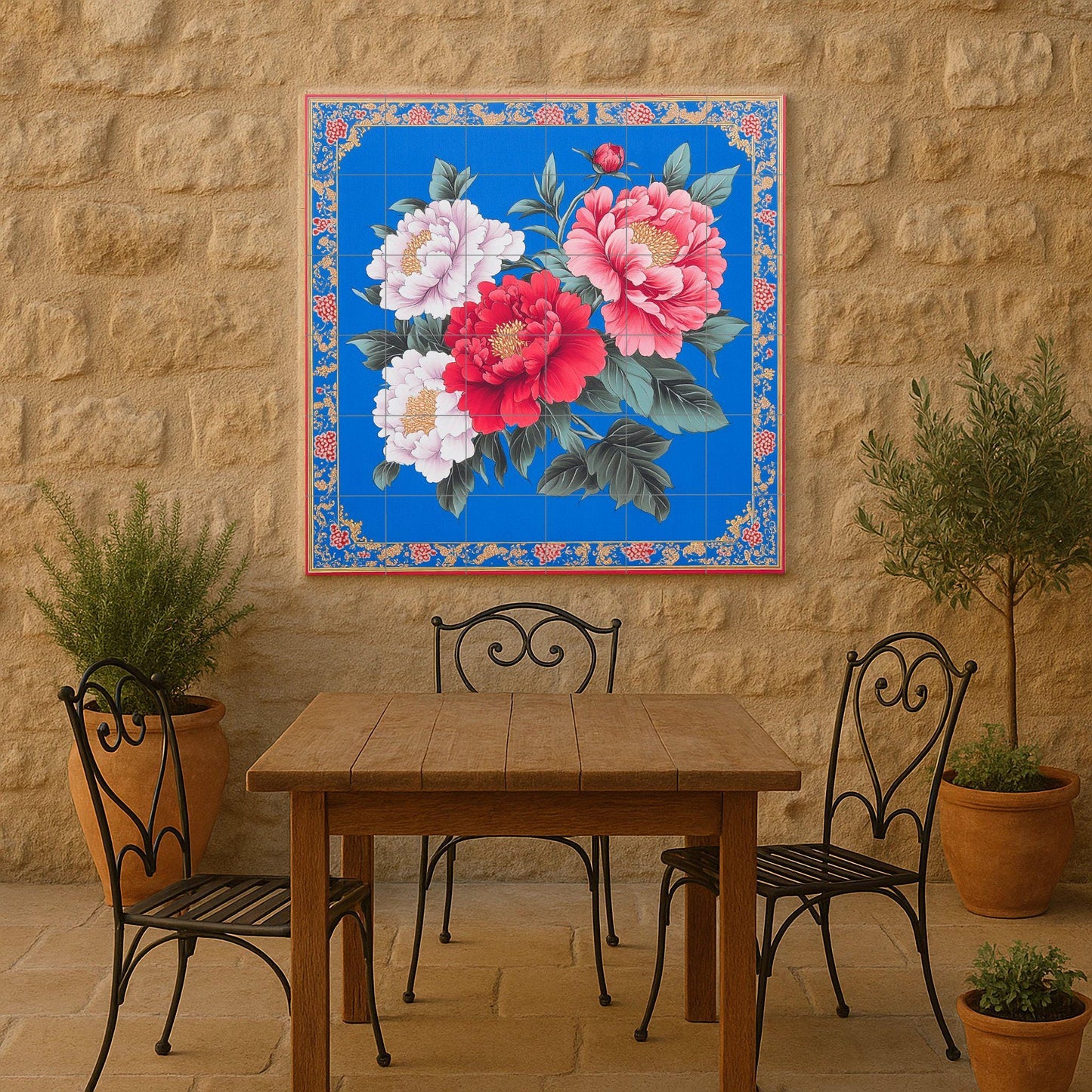 Taiwanese Hakka ceramic mural: vibrant peony flowers on a cobalt blue folk art floral tile panel with festive gift fabric border.