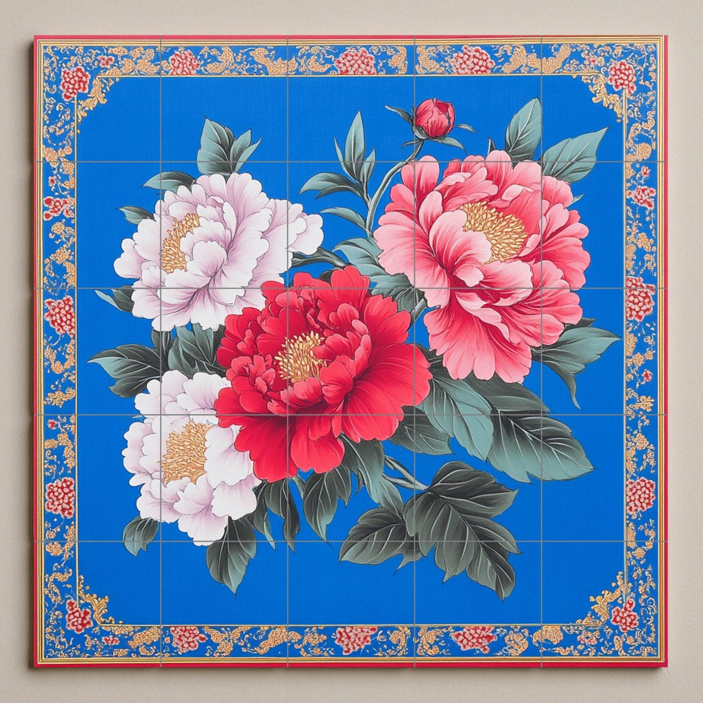 Taiwanese Hakka ceramic mural: vibrant peony flowers on a cobalt blue folk art floral tile panel with festive gift fabric border.